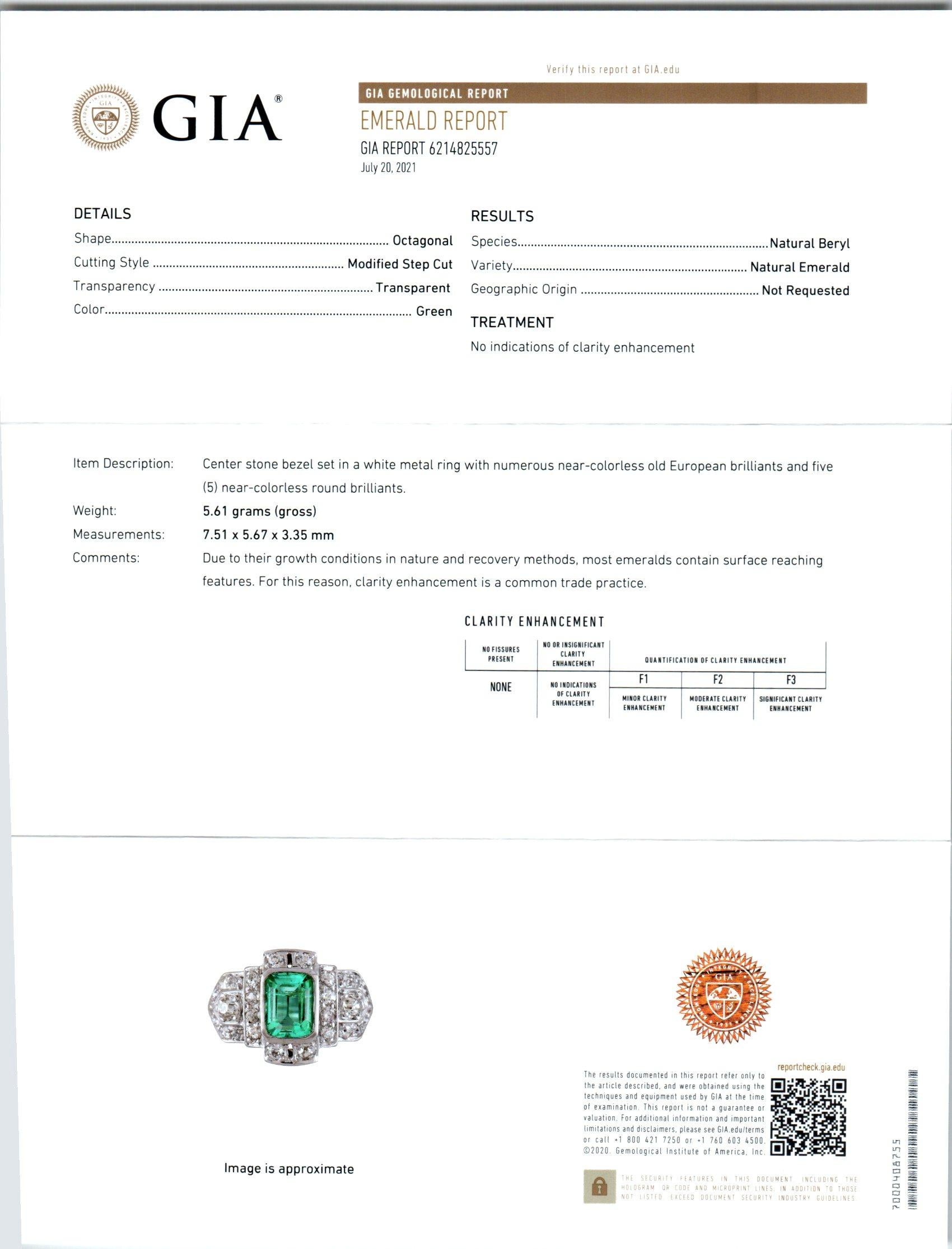 GIA Certified 1.07 Carat Emerald Diamond Platinum Art Deco Ring  In Good Condition In Stamford, CT