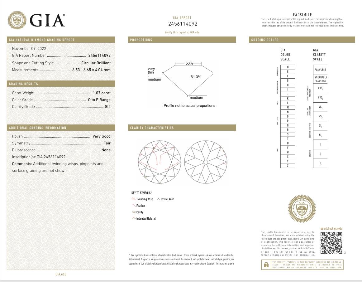 GIA Certified 1.07 Carat O - P Colour SI2 Clarity Diamond For Sale 1