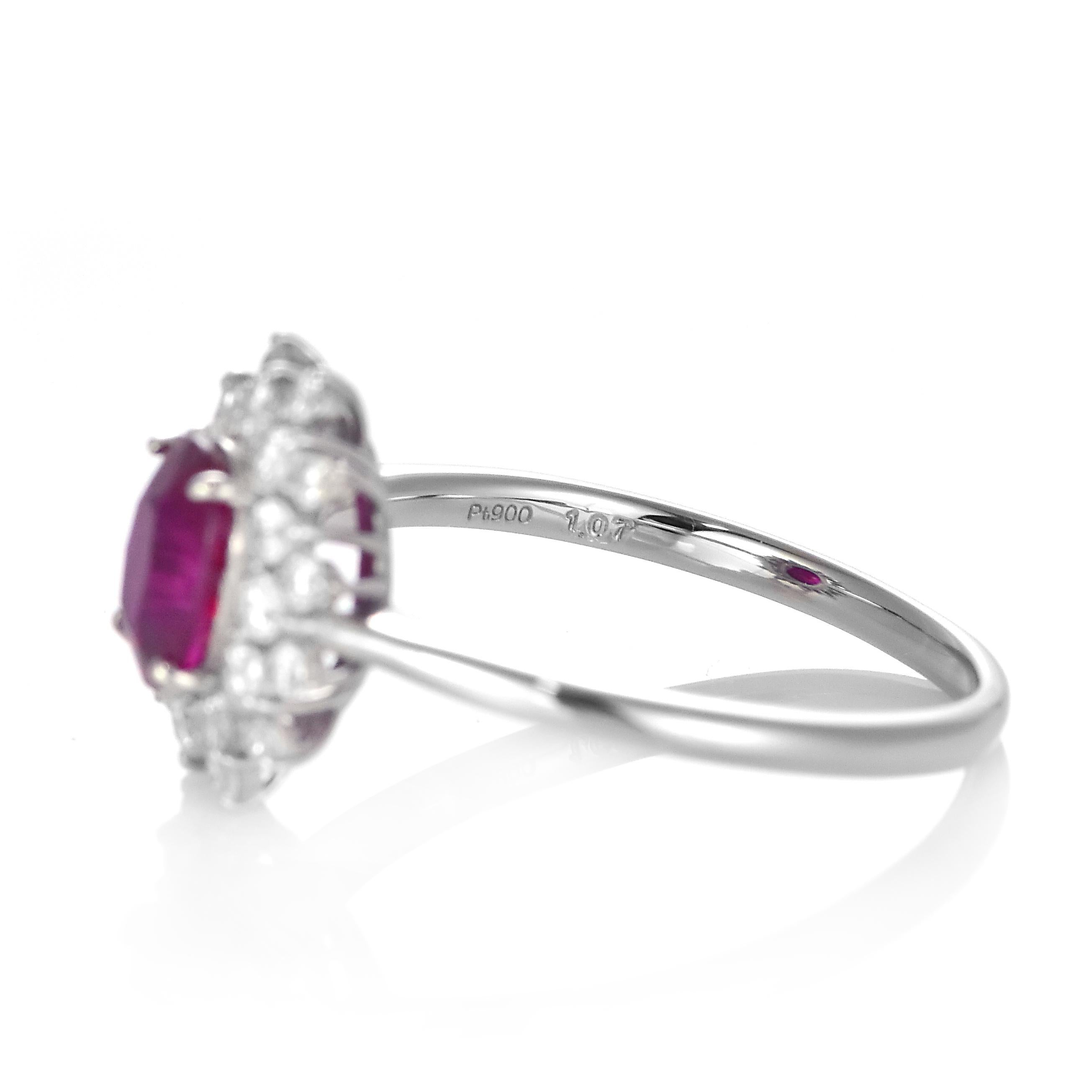 Women's GIA Certified 1.07 Carat Pigeon's Blood Red Burmese Ruby Ring Made in Platinum For Sale