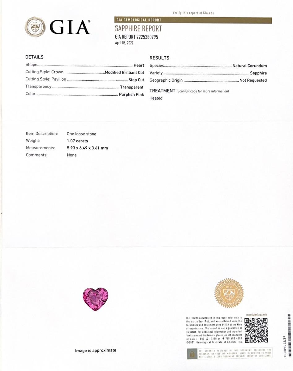 Identification : Saphir rose naturel

• Carat : 1,07 carats
• Forme : Cœur
• Dimensions : 5,93 x 6,49 x 3,61 mm
• Couleur : rose pourpre
• Coupe : Modifié Brilliante/Étape
• Zonage couleur : Aucun
• Clarté : très claire

Ce saphir rose en forme de