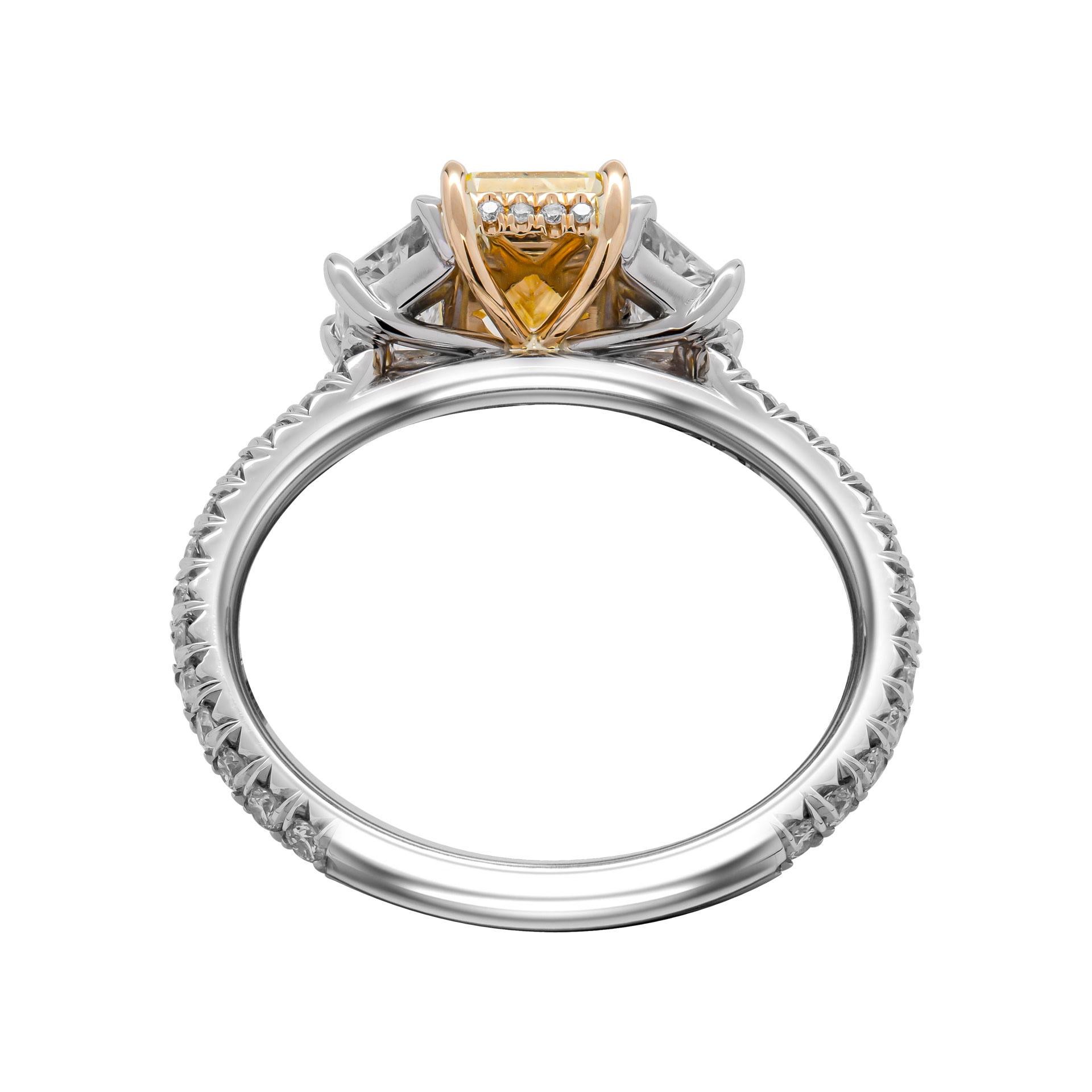 Radiant Cut GIA Certified 1.07ct Radiant Fancy Intense Yellow Three-Stone Ring For Sale