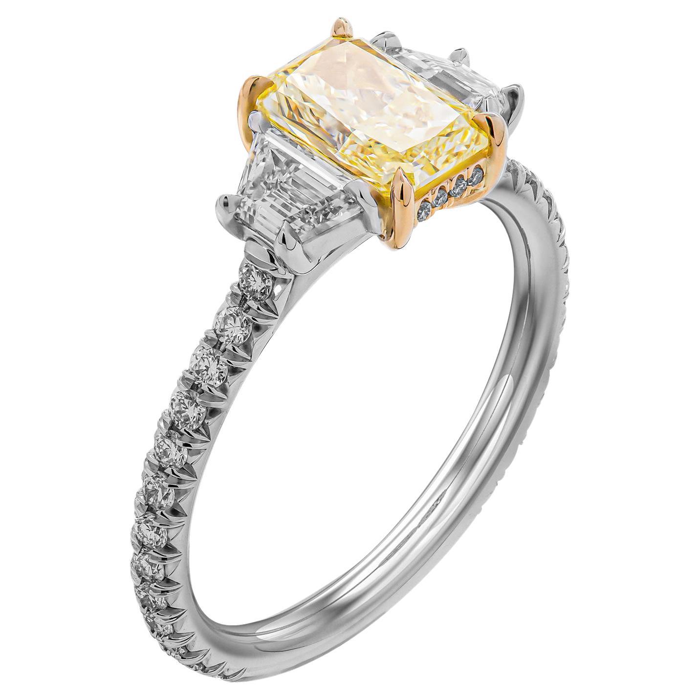 GIA Certified 1.07ct Radiant Fancy Intense Yellow Three-Stone Ring