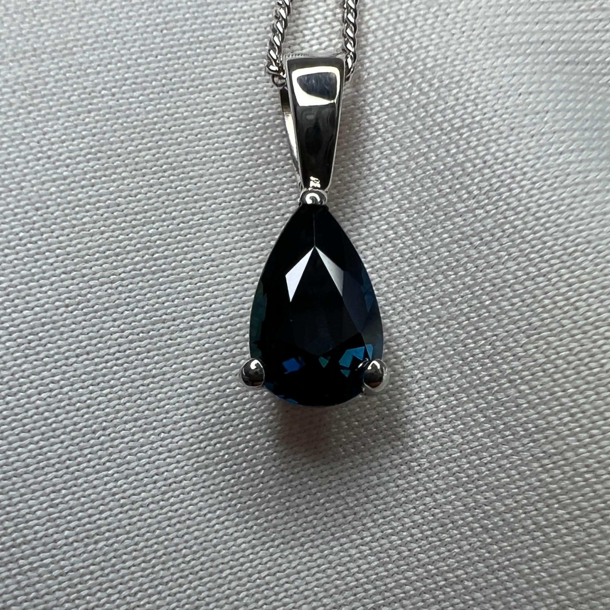 GIA Certified 1.07ct Untreated Deep Blue Sapphire Pear 18k White Gold Pendant 1