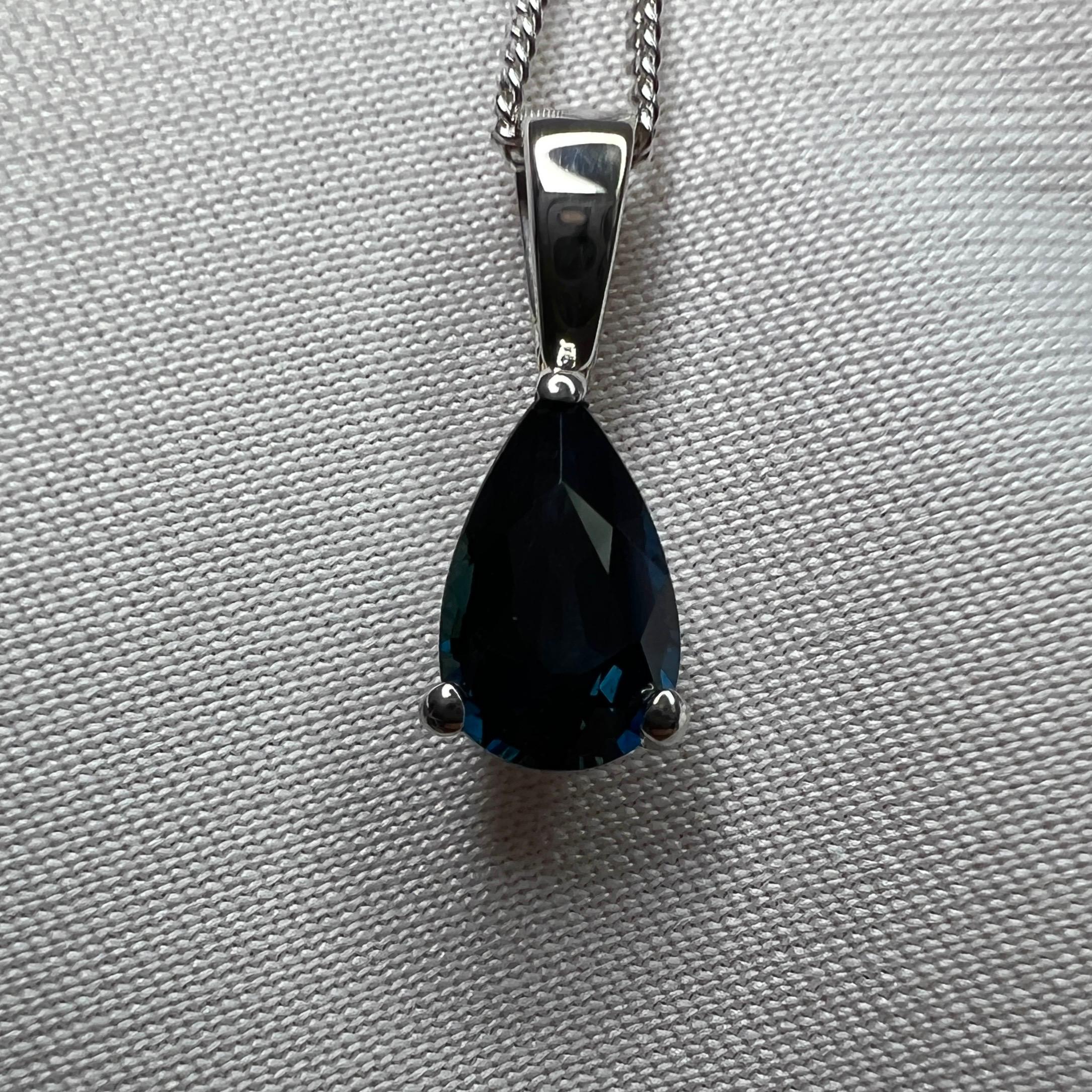 GIA Certified 1.07ct Untreated Deep Blue Sapphire Pear 18k White Gold Pendant 4