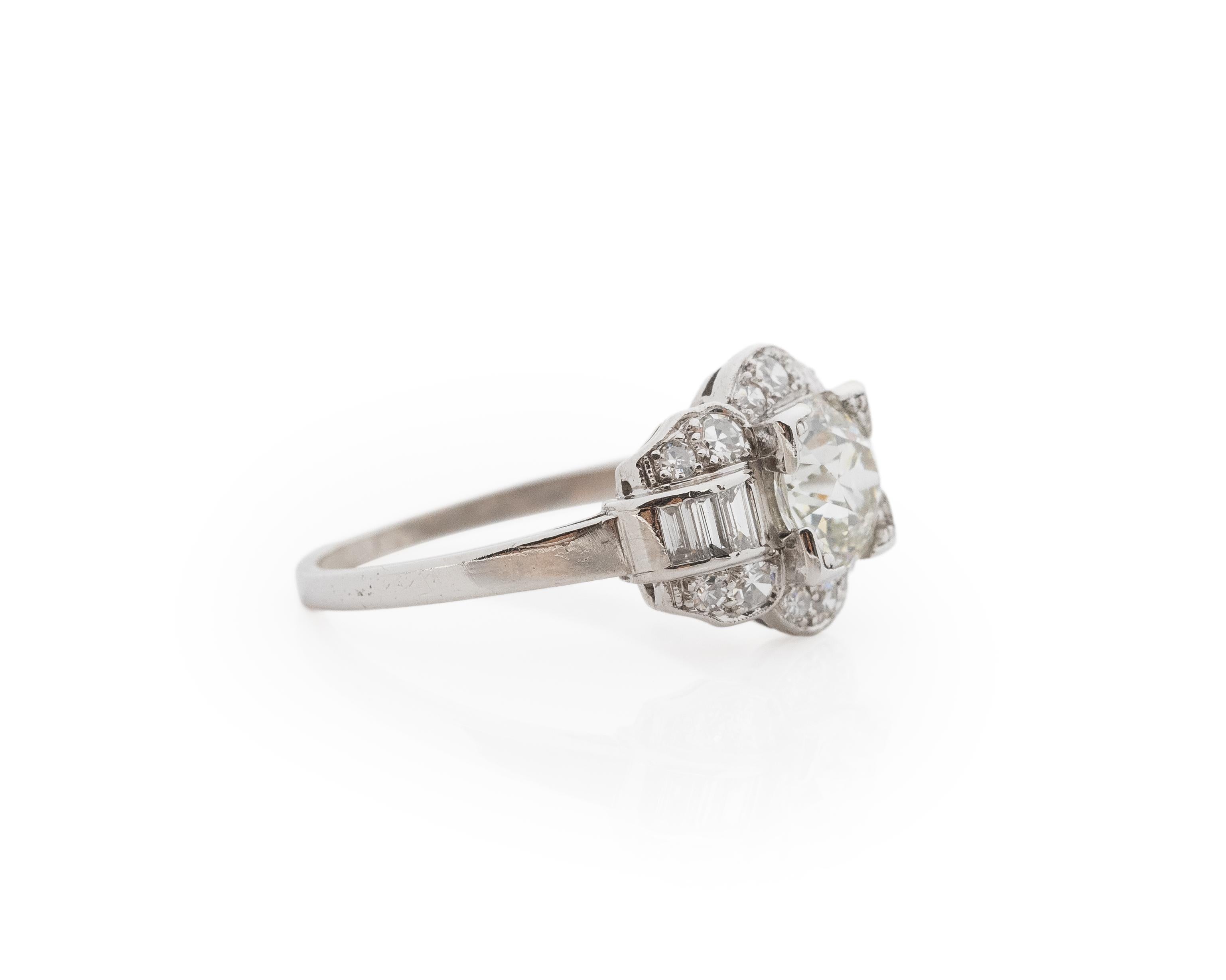 Year: 1920s

Item Details:
Ring Size: 7.5
Metal Type: Platinum [Hallmarked, and Tested]
Weight: 4.4 grams

Diamond Details:

GIA Report#:2239139553
Weight: 1.08ct total weight
Cut: Old European brilliant
Color: K
Clarity: VS1
Type: Natural

Finger