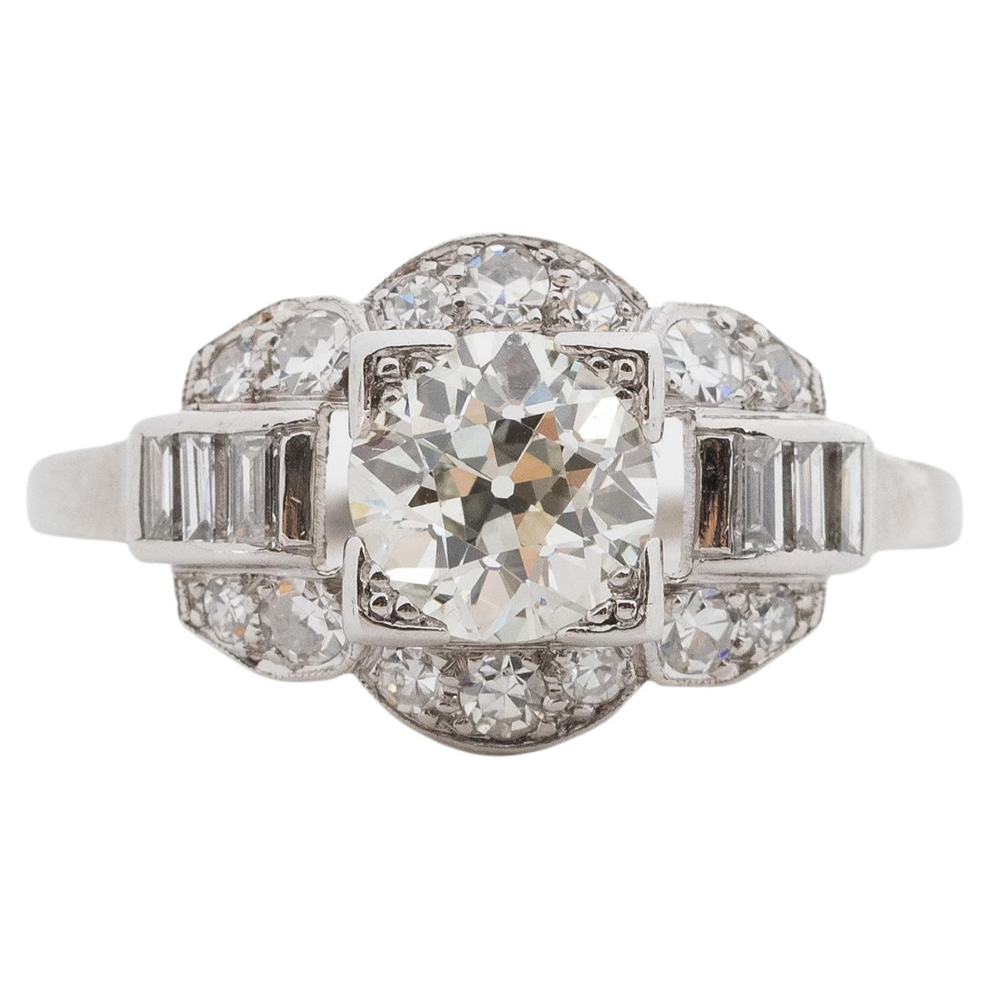 GIA-zertifizierter Platin-Verlobungsring mit 1.08 Karat Art Deco-Diamant