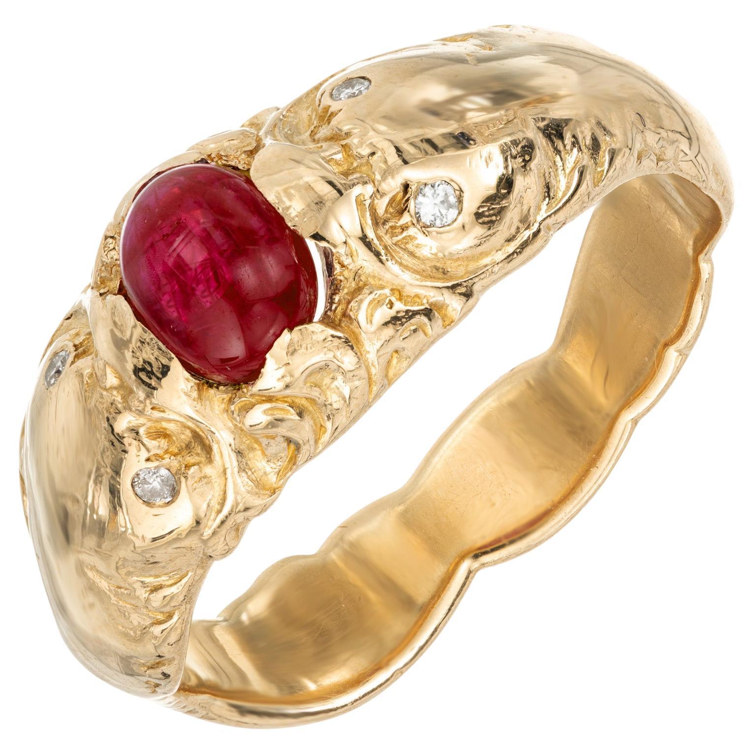 GIA Certified 1.08 Carat Cabochon Ruby Diamond Yellow Gold Men's Ring