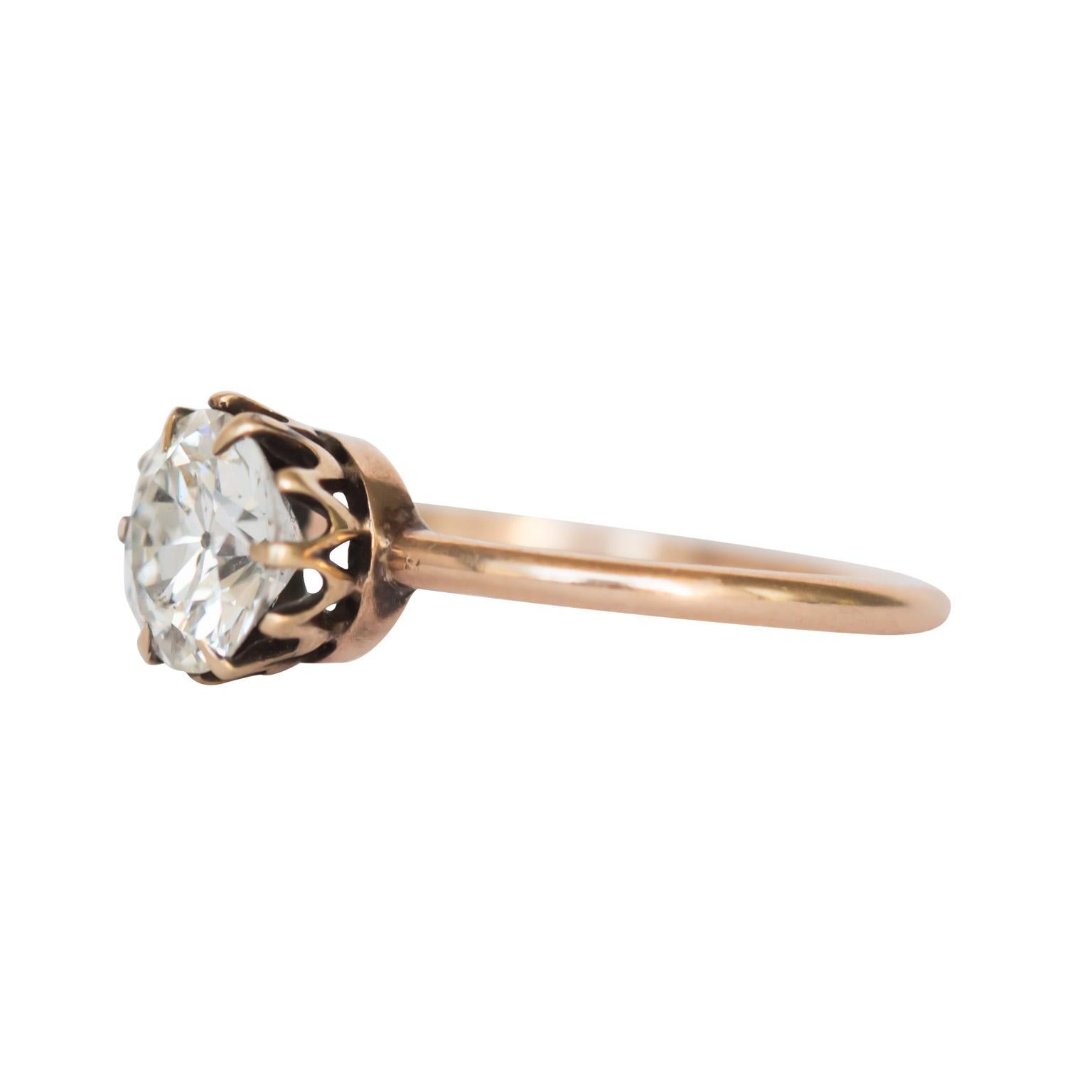 Item Details: 
Ring Size: 5.5
Metal Type: 14 karat yellow gold [tested]
Weight: 1.8 grams

Center Diamond Details
GIA Center Diamond - Report # 5201418171
Shape:  Old European 
Carat Weight: 1.08 carat
Color: H
Clarity: SI2

Finger to Top of Stone