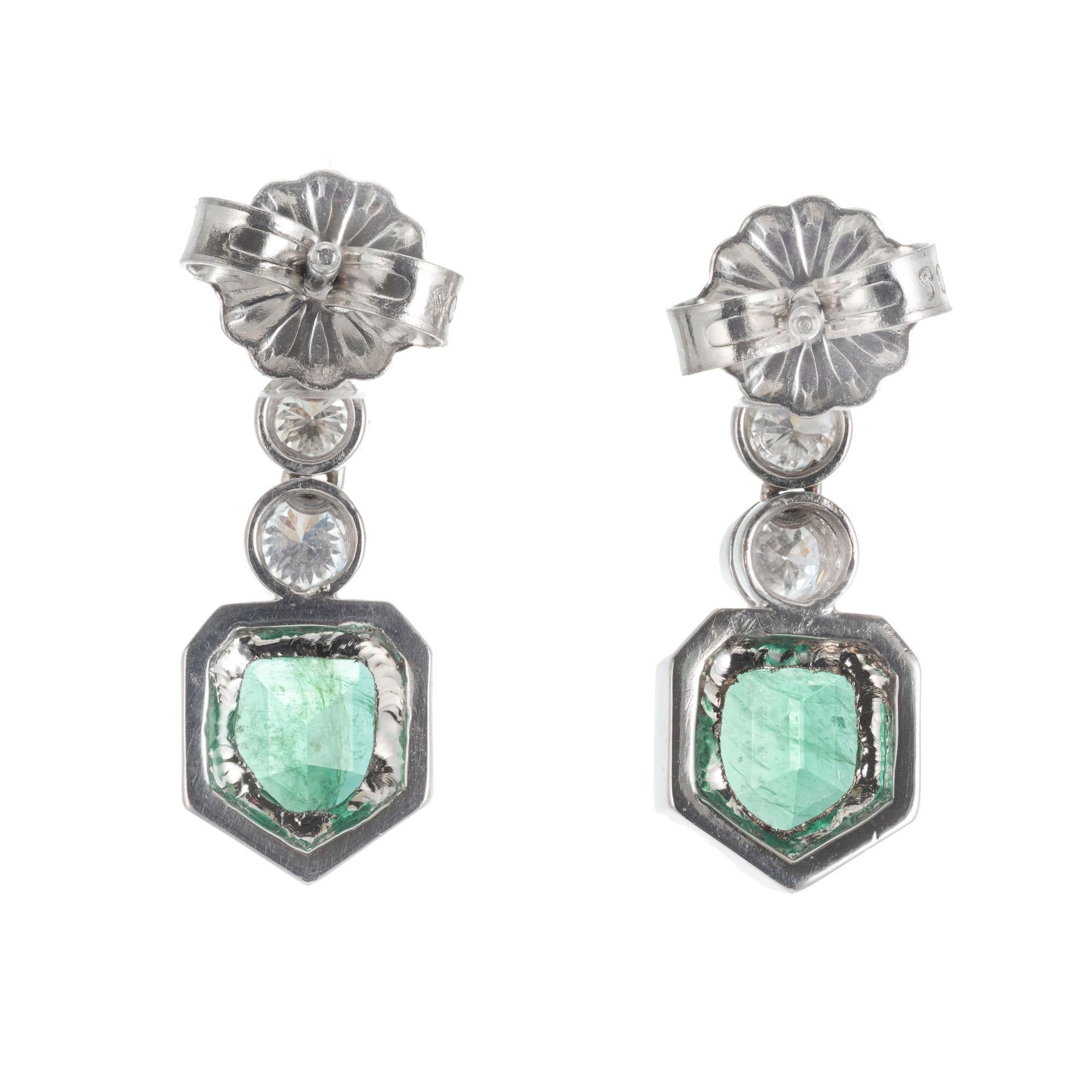 Round Cut GIA Certified 1.08 Carat Emerald Diamond Platinum Dangle Earrings