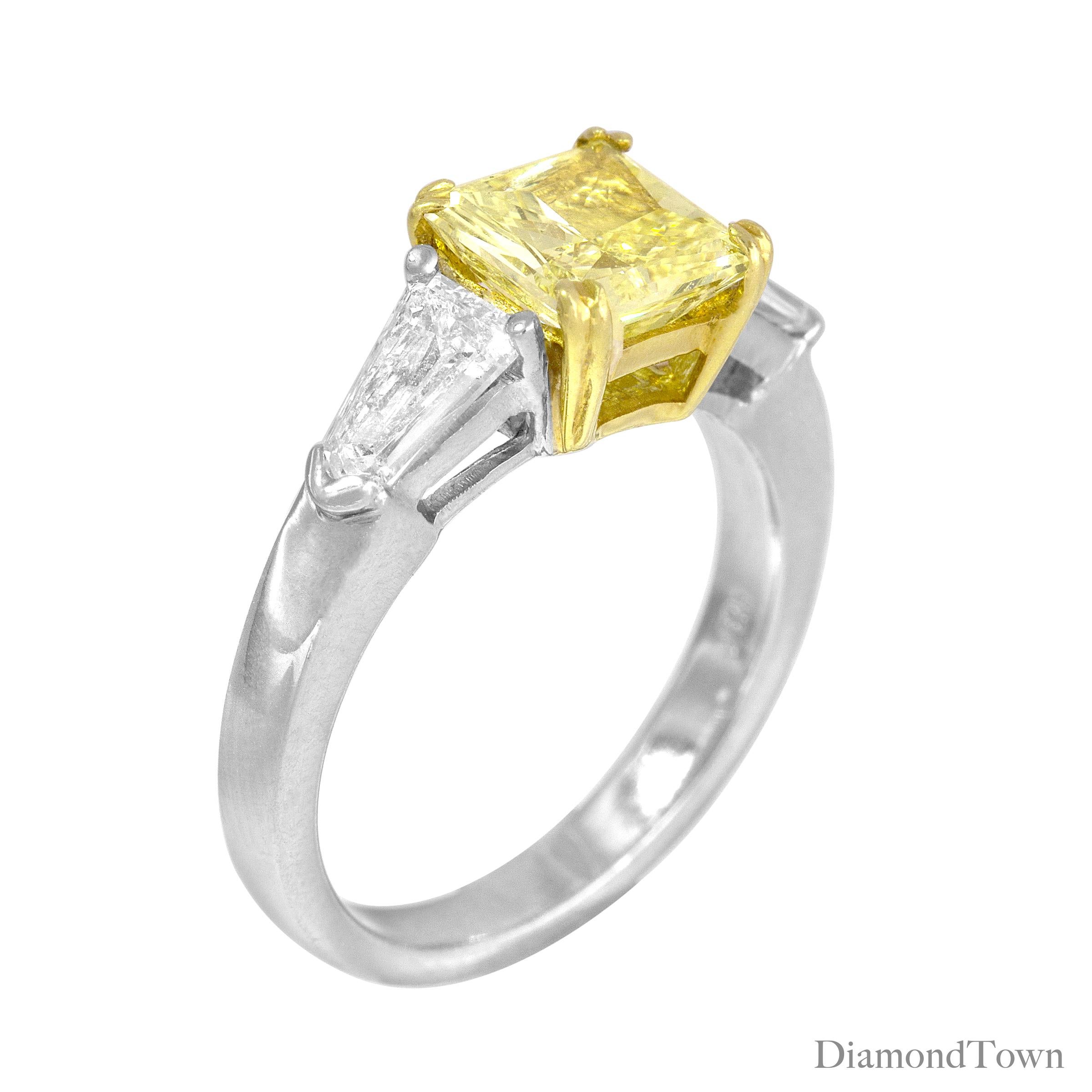 This magnificent ring features a GIA Certified Square Modified Brilliant 1.08 Carat Fancy Light Yellow Diamond, radiating with mesmerizing allure from the heart of this exquisite ring. The sheer elegance of this centerpiece is further accentuated by