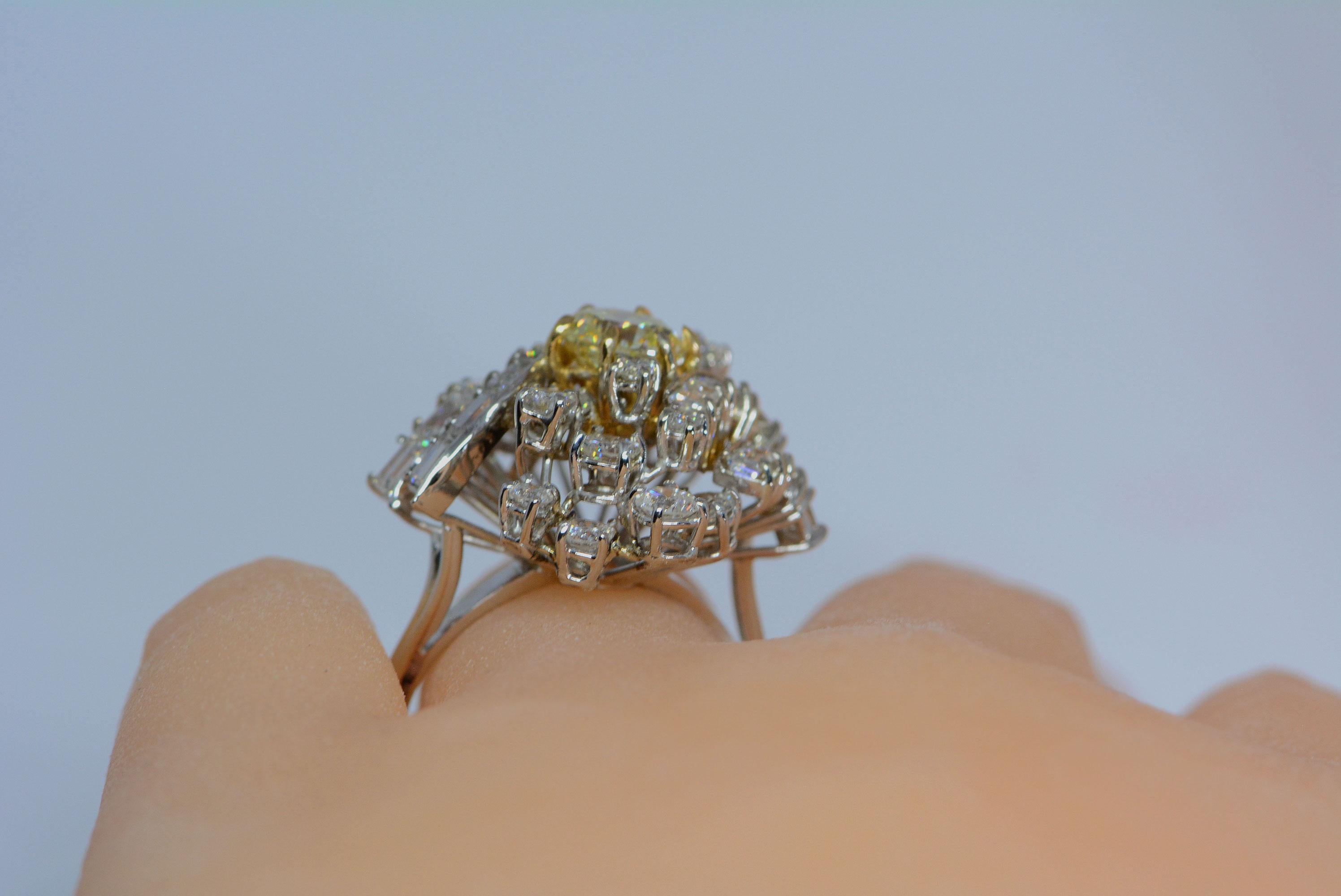 Women's GIA Certified 1.08 Carat Light Yellow Diamond Ring 18 Karat Gold 3 Carats Total For Sale