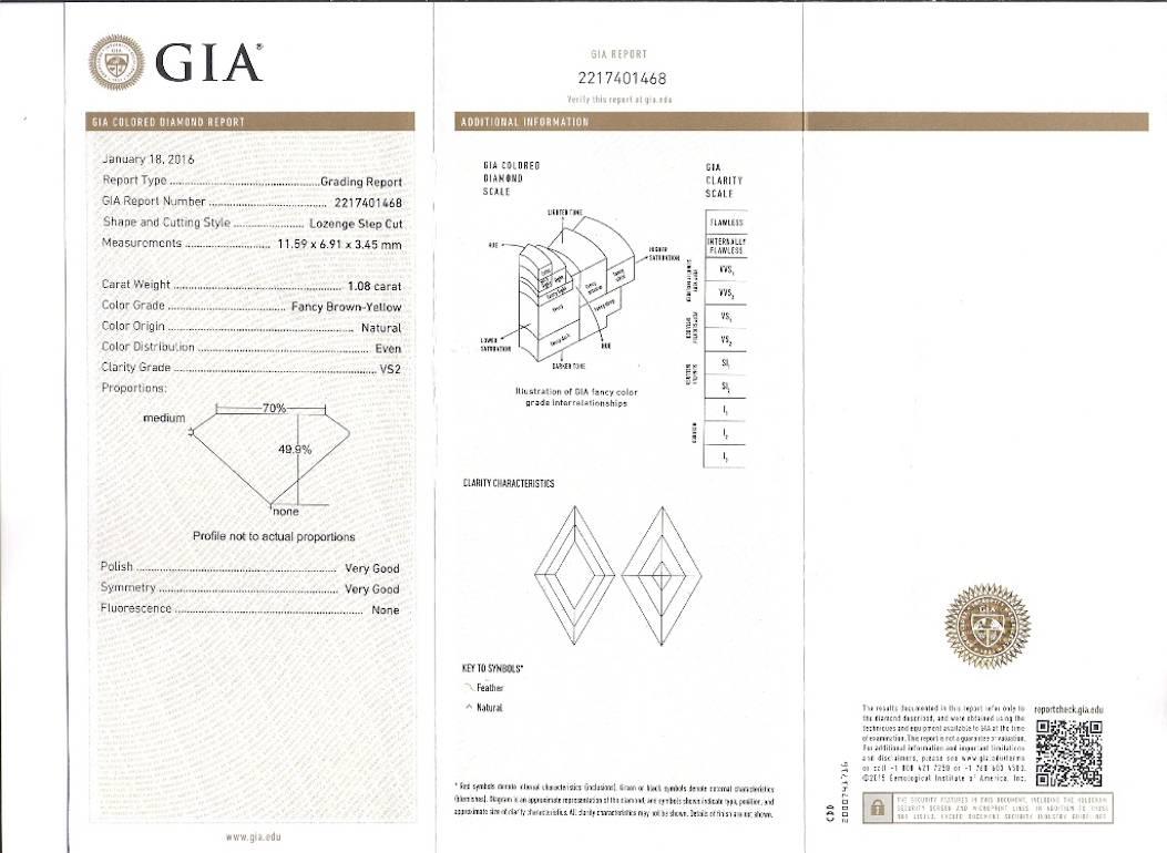 Brilliant Cut GIA Certified 1.08 Carat Lozenge-Cut Fancy Brown-Yellow Diamond Ring For Sale