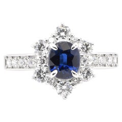 GIA Certified 1.08 Carat, No Heat Sapphire and Diamond Halo Ring Set in Platinum