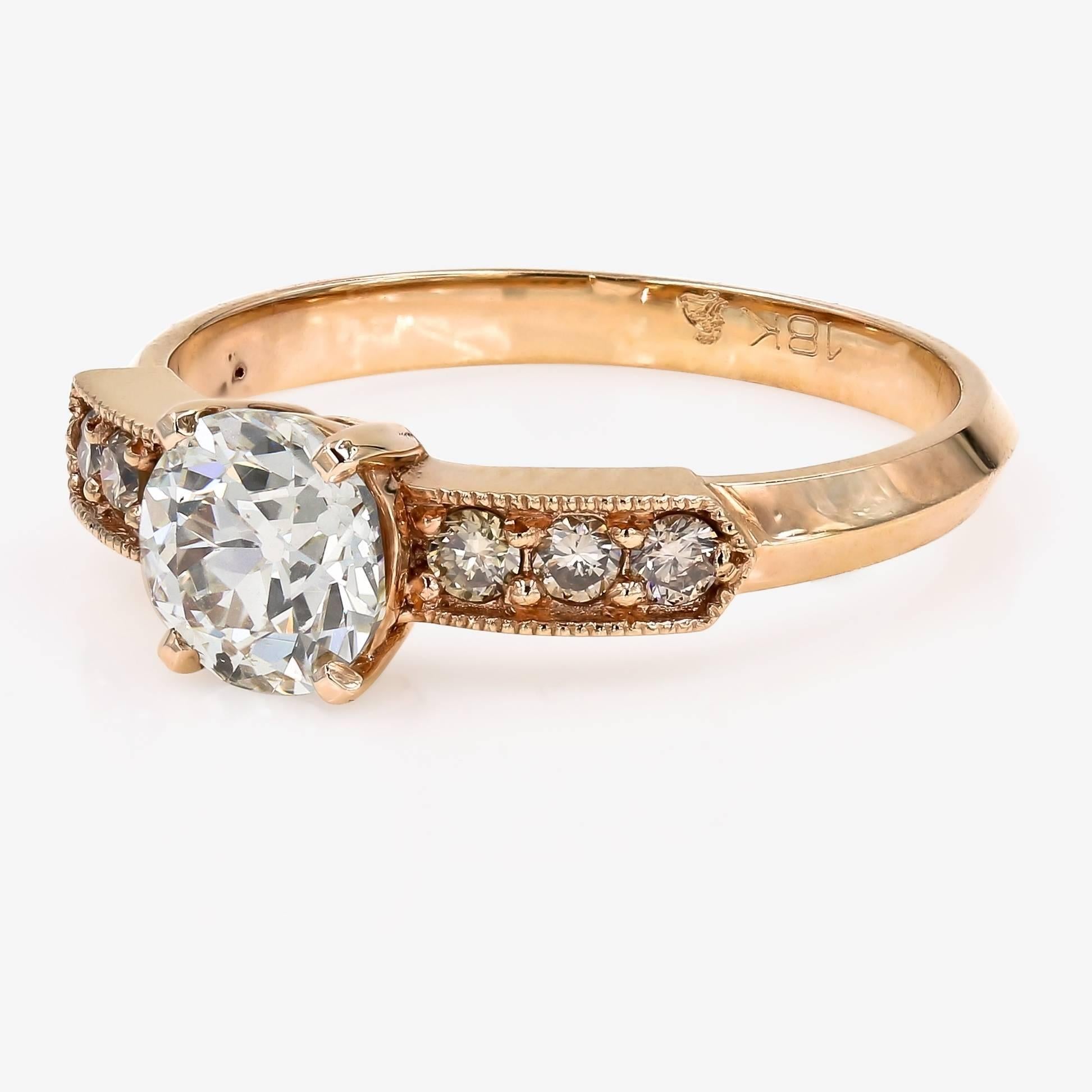 Contemporary GIA Certified 1.08 Carat Old European Cut Round Diamond Ring in Rose Gold