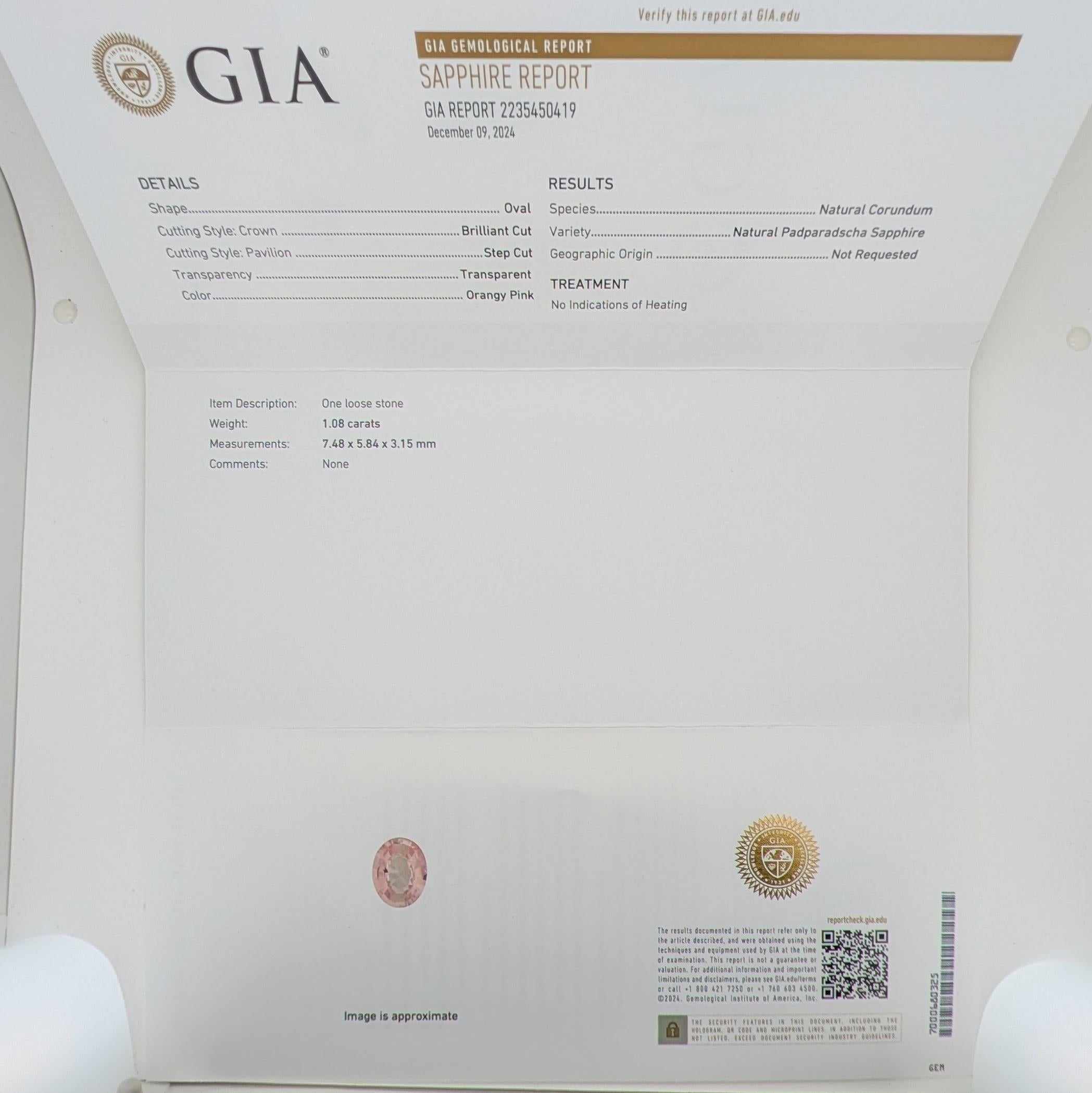 Anello con zaffiro Padparadscha certificato GIA da 1,08 carati in oro giallo 18 carati - raro in vendita 8