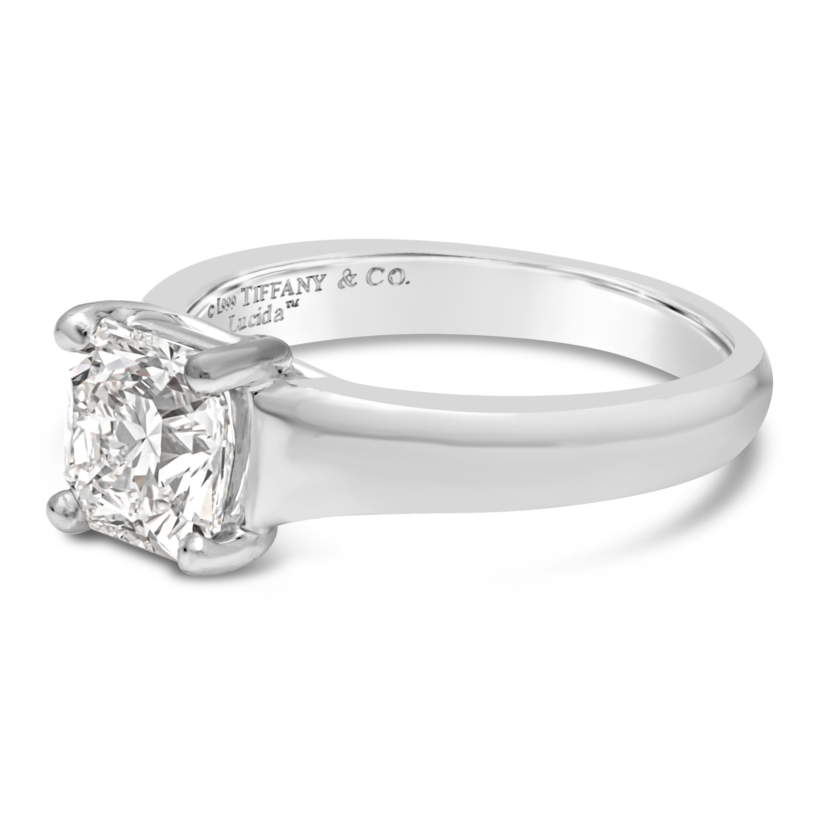 A timeless solitaire engagement ring style showcasing a 1.08 carats radiant cut diamond certified by GIA as F Color and VVS2 in Clarity, set in a classic four prong basket setting, Finely made in a platinum and Size 3.75 US resizable upon