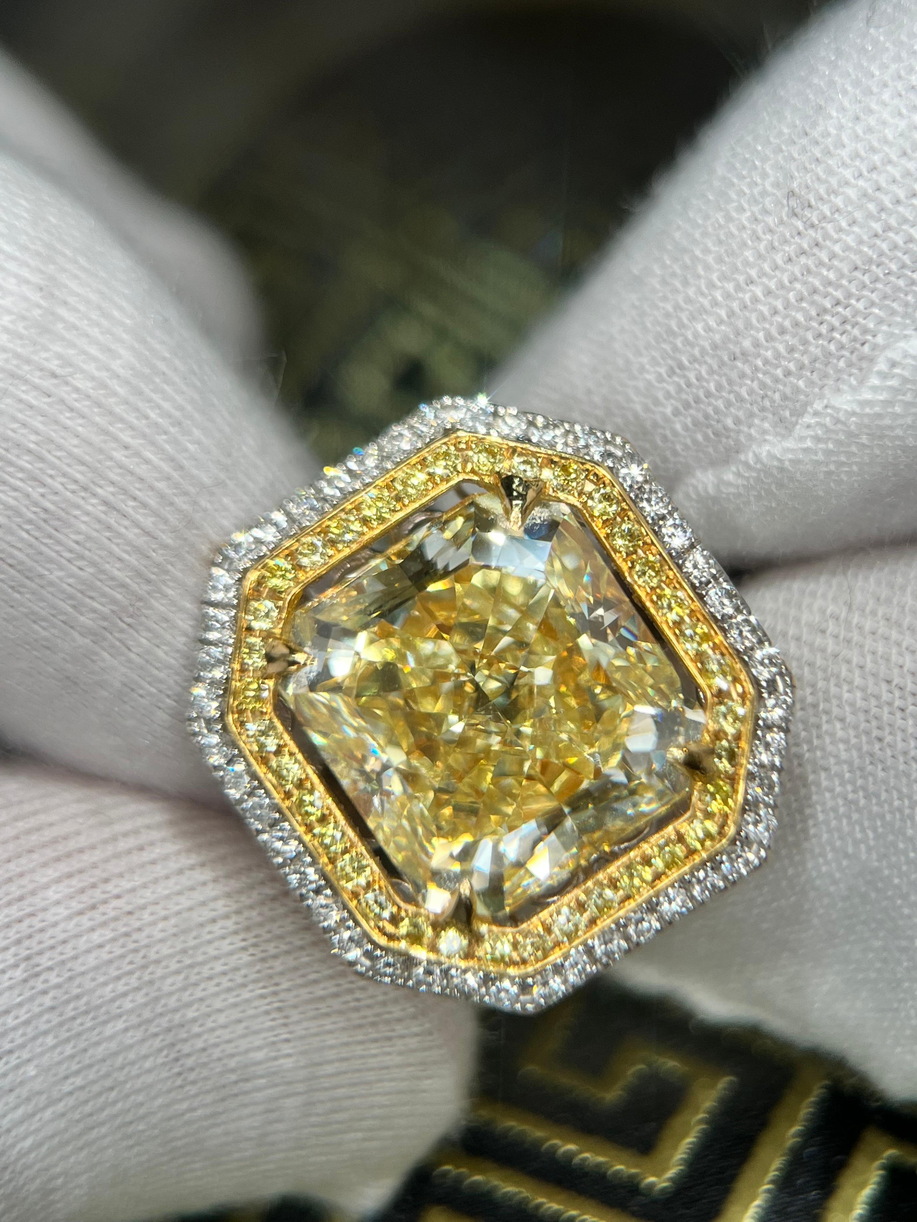 Art Deco GIA Certified 10.88 Carat Fancy Yellow Radiant Cut Diamond Ring in White Gold For Sale