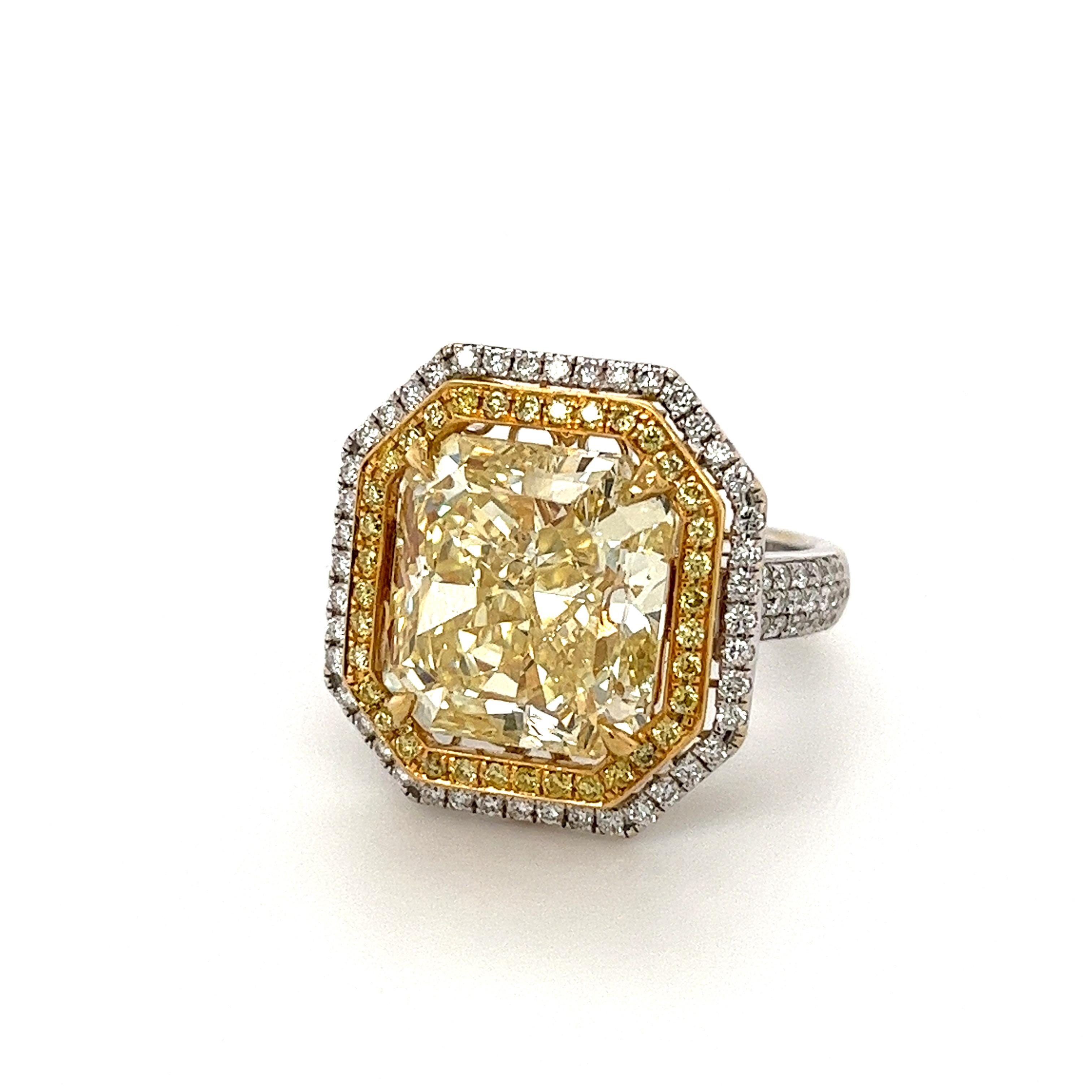 GIA Certified 10.88 Carat Fancy Yellow Radiant Cut Diamond Ring in White Gold In New Condition For Sale In Miami, FL