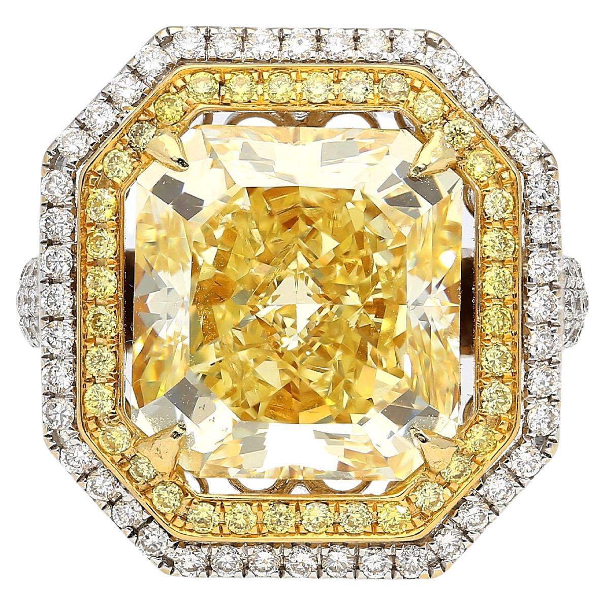 GIA Certified 10.88 Carat Fancy Yellow Radiant Cut Diamond Ring in White Gold For Sale