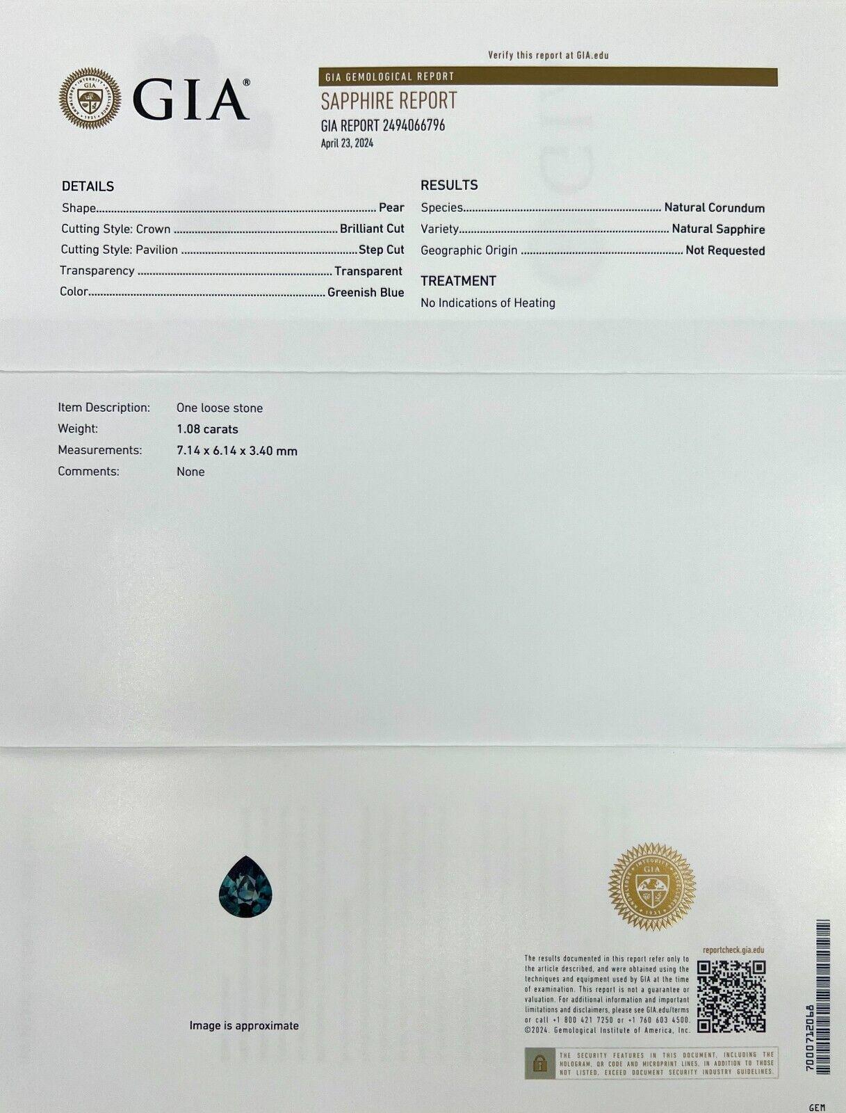 Gia Certified 1.08Ct Natural Untreated Green Blue Teal Pear Cut Sapphire In New Condition For Sale In Birmingham, GB