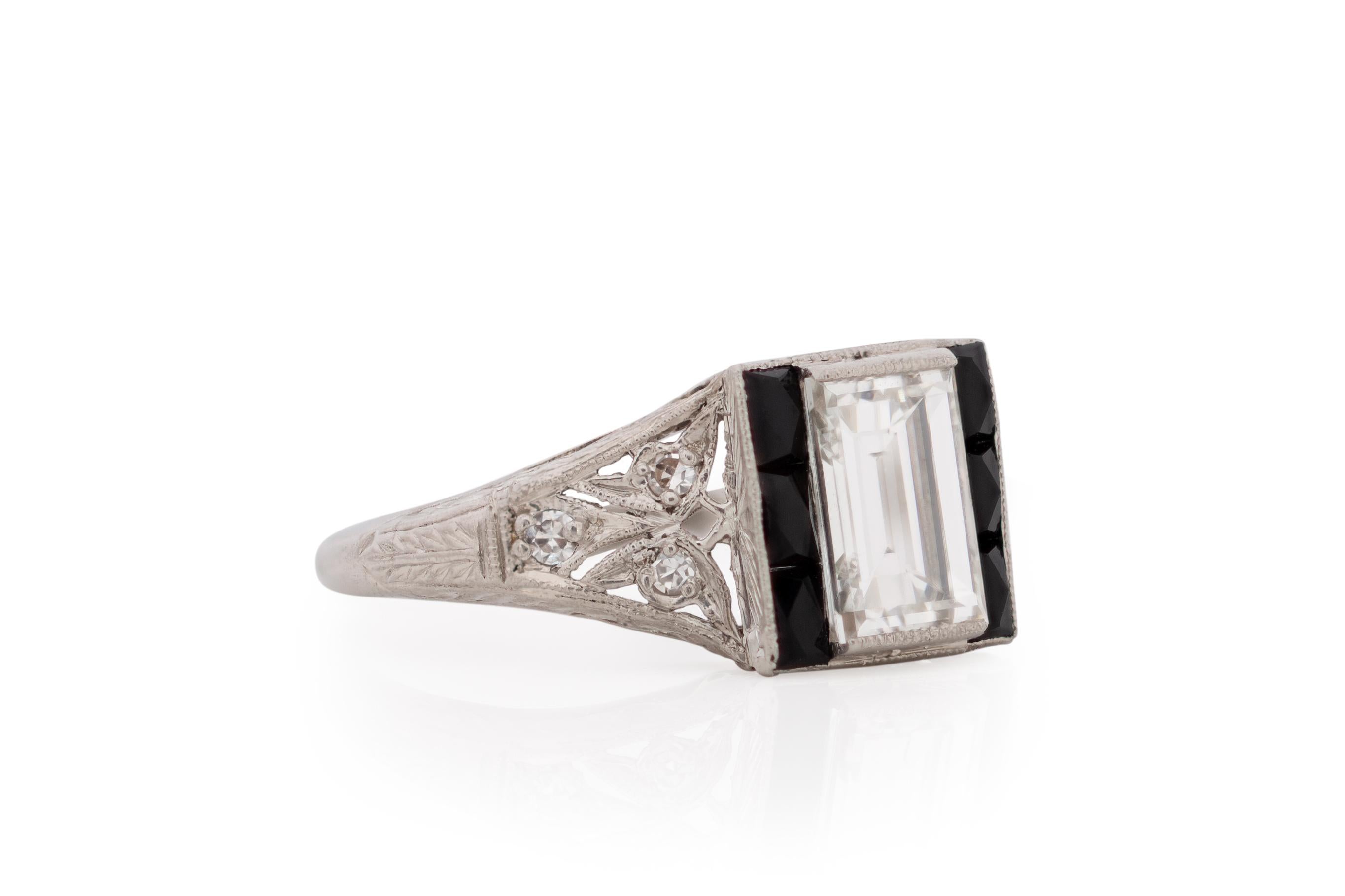 Item Details: 
Ring Size: 5.5
Metal Type: Platinum [Hallmarked, and Tested]
Weight: 3.5 grams

Center Diamond Details:
GIA REPORT #: 2101770995
Weight: 1.09 carat
Cut: Antique Step Cut
Color: G
Clarity: VS2
Measurements: 7.27 x 4.87 x 3.25mm

Side