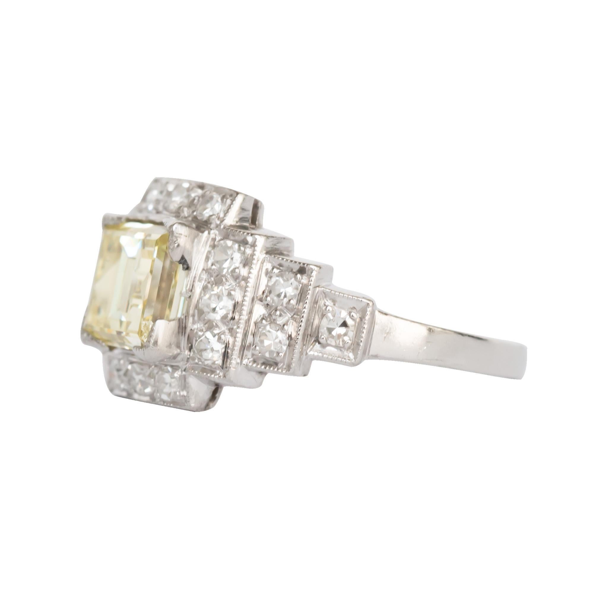 Ring Size: 4.25
Metal Type: Platinum
Weight: 2.6 grams

Center Diamond Details
GIA CERTIFIED Center Diamond - Certificate # 5192597980
Shape: Square Step Cut 
Carat Weight: 1.09 carat
Color: Natural, Fancy Yellow, Even
Clarity: VS1

Side Stone