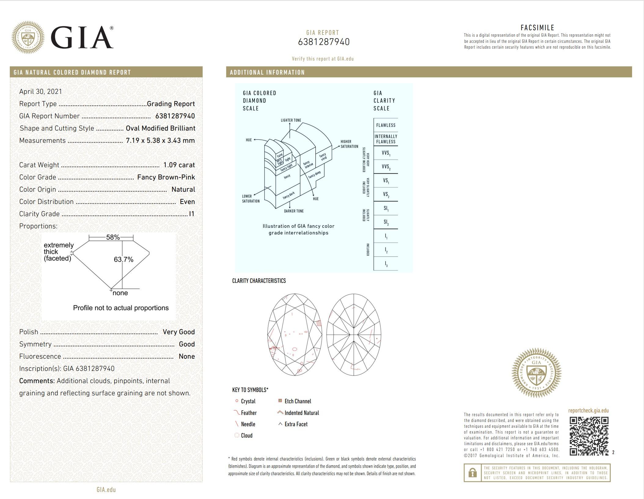Diamante certificato GIA da 1,09 carati Fancy Brown Pink con purezza I1 in vendita 1