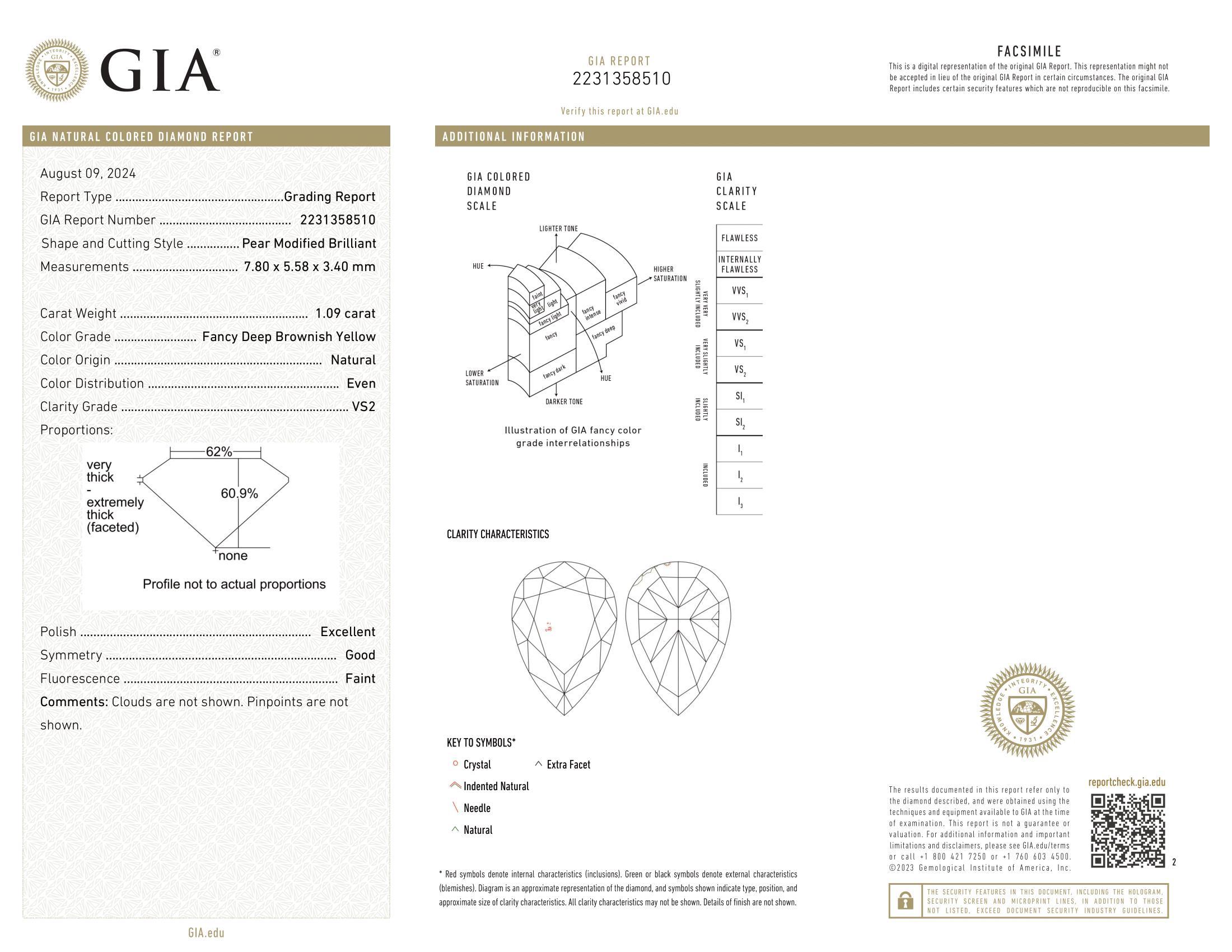 Diamante naturale di colore giallo bruno intenso a forma di pera certificato GIA da 1,09 carati in vendita 1