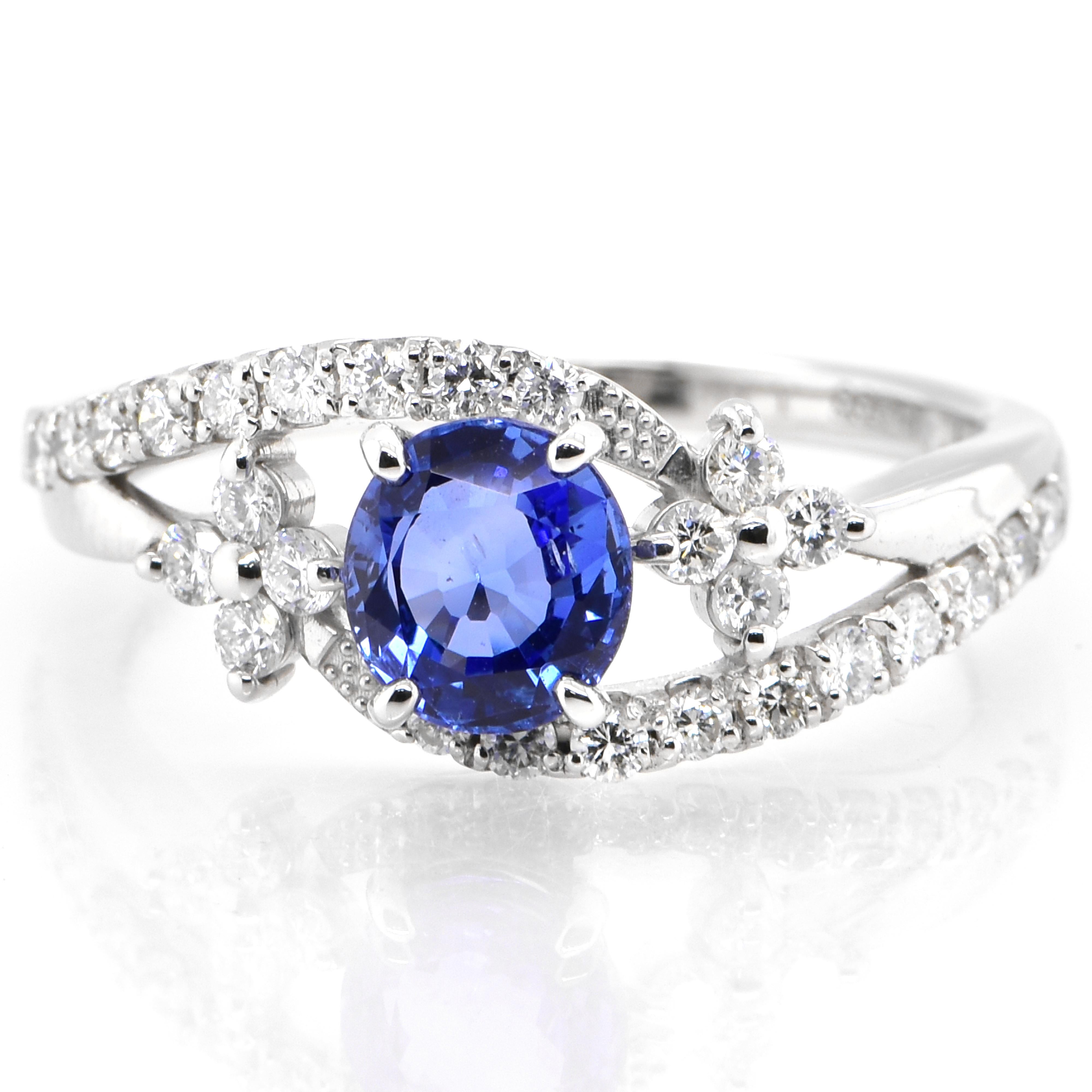 A beautiful ring featuring 1.09 Carat Natural, Unheated, Burmese Blue Sapphire and 0.42 Carats Diamond Accents set in Platinum. Sapphires have extraordinary durability - they excel in hardness as well as toughness and durability making them very