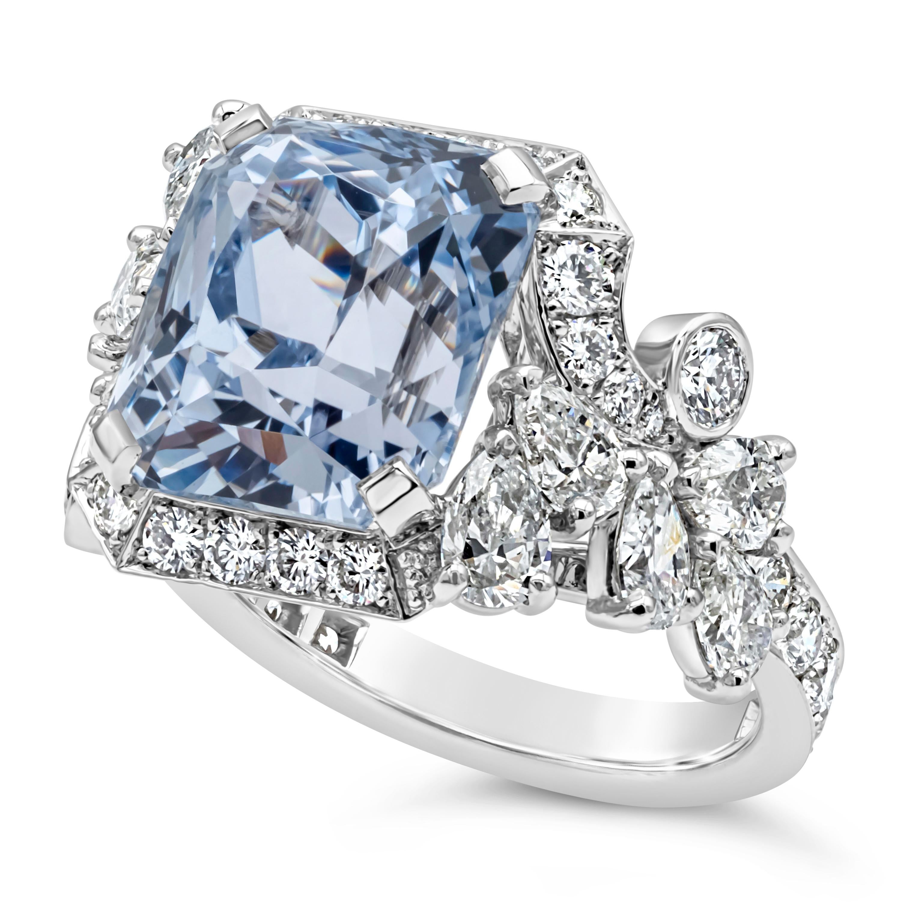 This beautiful and luxurious fashion ring showcases 10.96 carat radiant cut certified by GIA as light blue sapphire no indications of heat treatment. Accented by brilliant round and pear shape diamonds on each side weighing 2.93 carats total, E-F