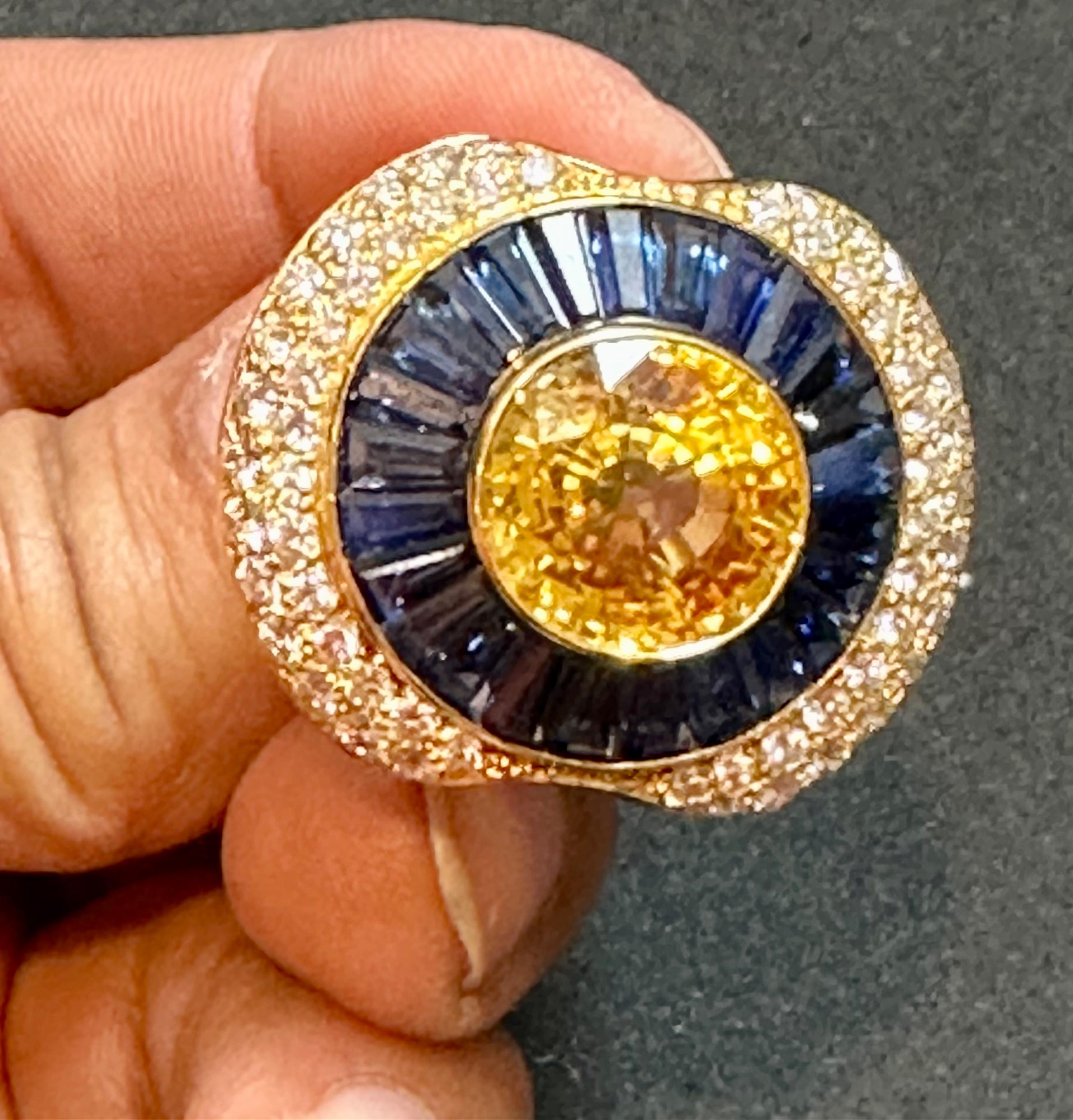 GIA Certified 10Ct Natural Ceylon Yellow Sapphire, Blue Sapphire & Diamond Ring For Sale 5