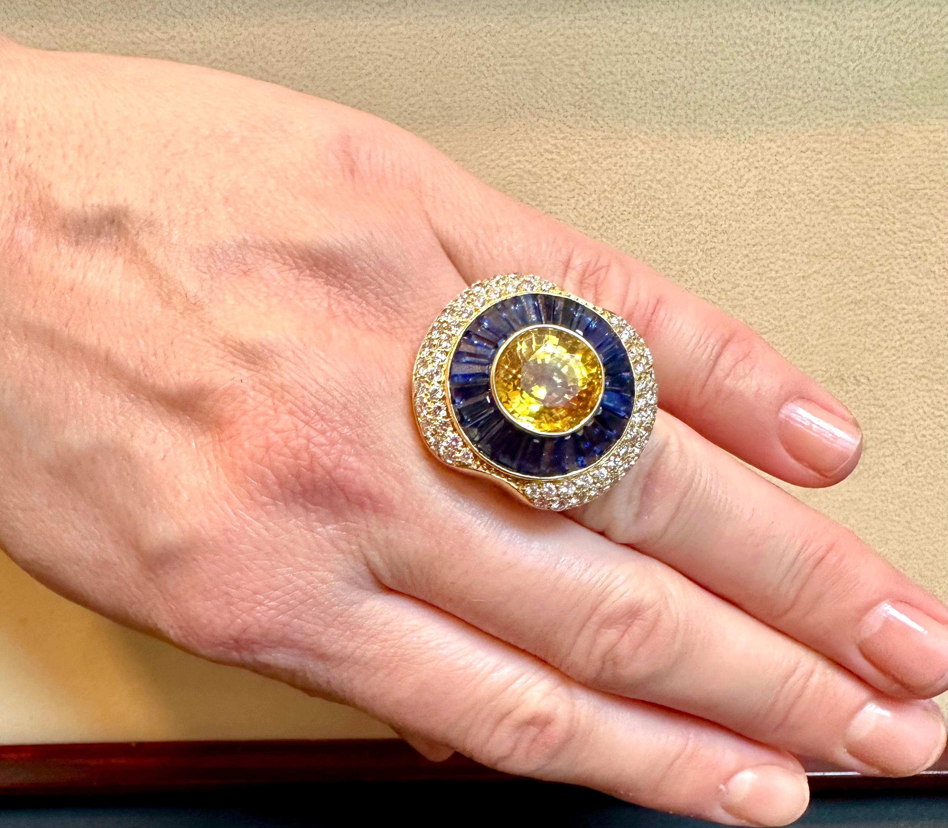 Bague en saphir jaune de Ceylan naturel de 10 carats, saphir bleu et diamant certifiés GIA en vente 10