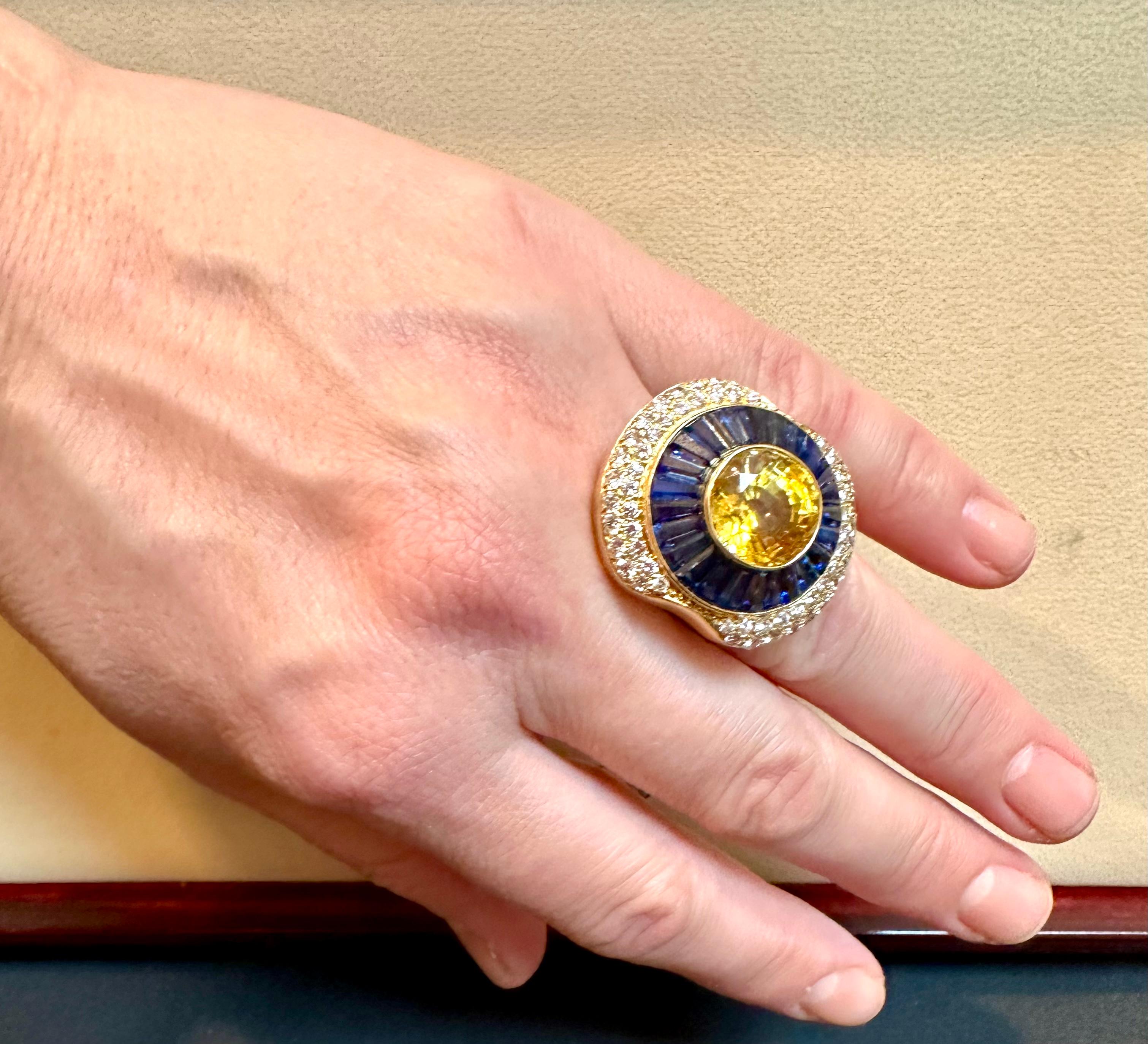 Bague en saphir jaune de Ceylan naturel de 10 carats, saphir bleu et diamant certifiés GIA en vente 11