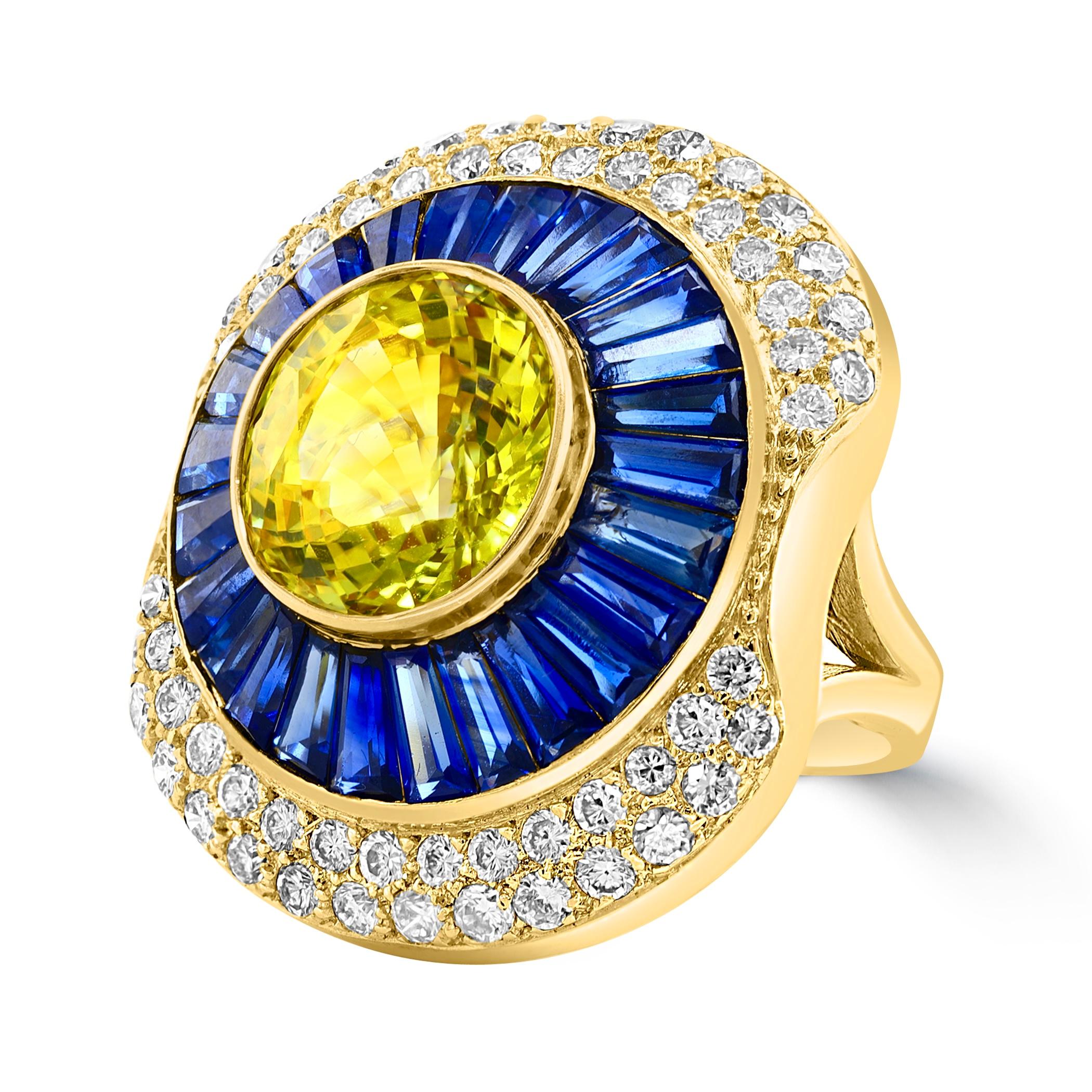 GIA Certified 10Ct Natural Ceylon Yellow Sapphire, Blue Sapphire & Diamond Ring For Sale 11
