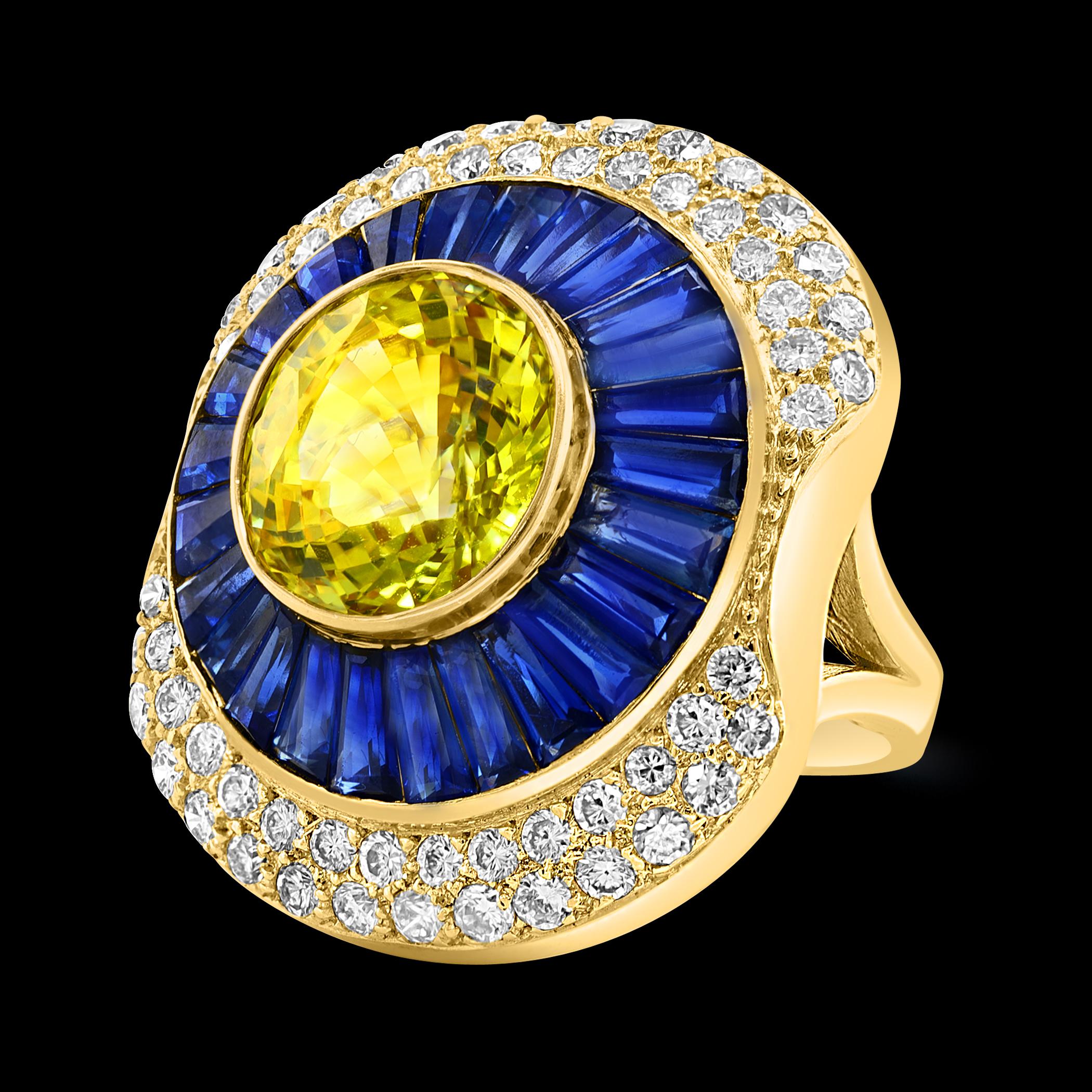 GIA Certified 10Ct Natural Ceylon Yellow Sapphire, Blue Sapphire & Diamond Ring For Sale 12