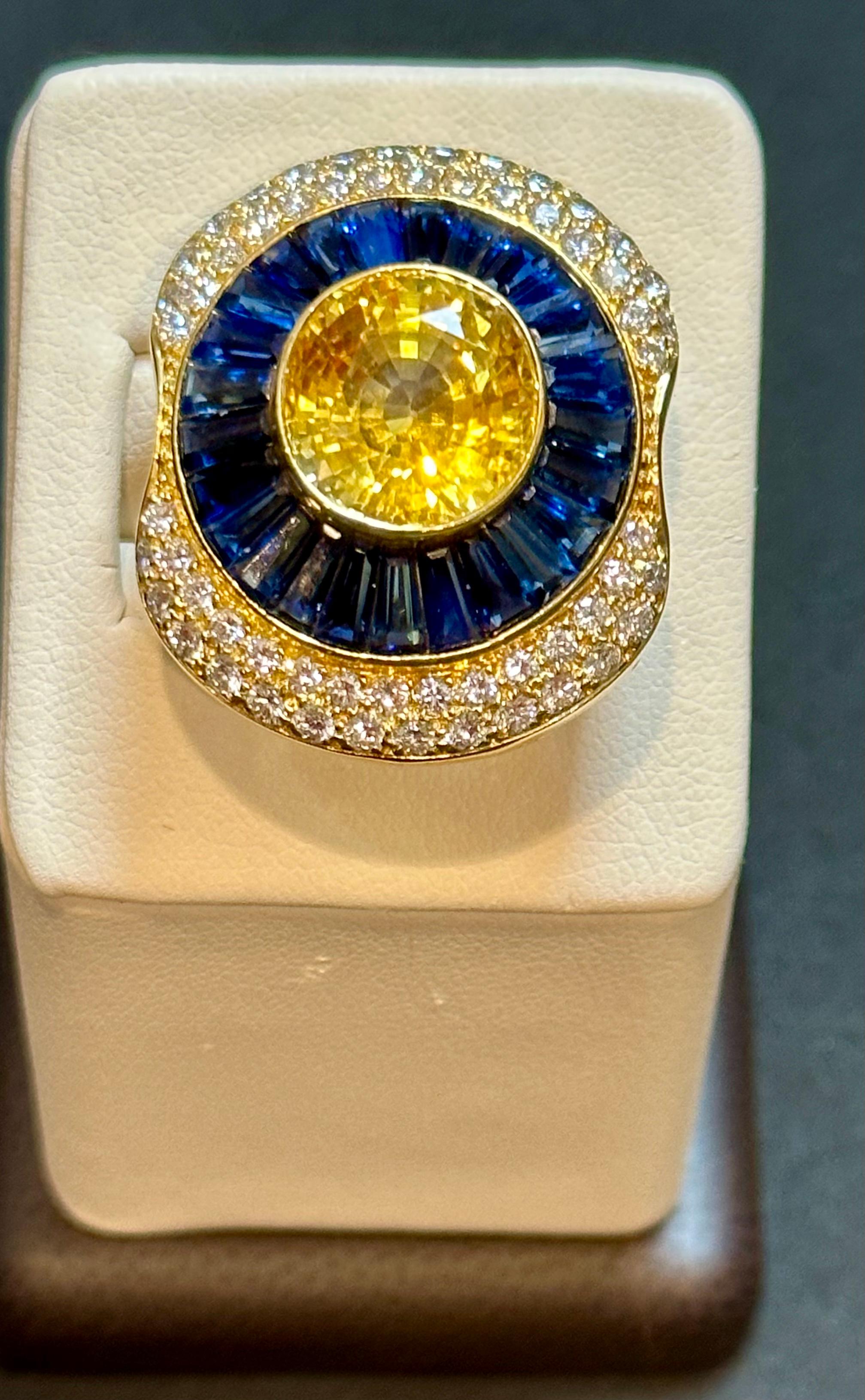 Bague en saphir jaune de Ceylan naturel de 10 carats, saphir bleu et diamant certifiés GIA en vente 4