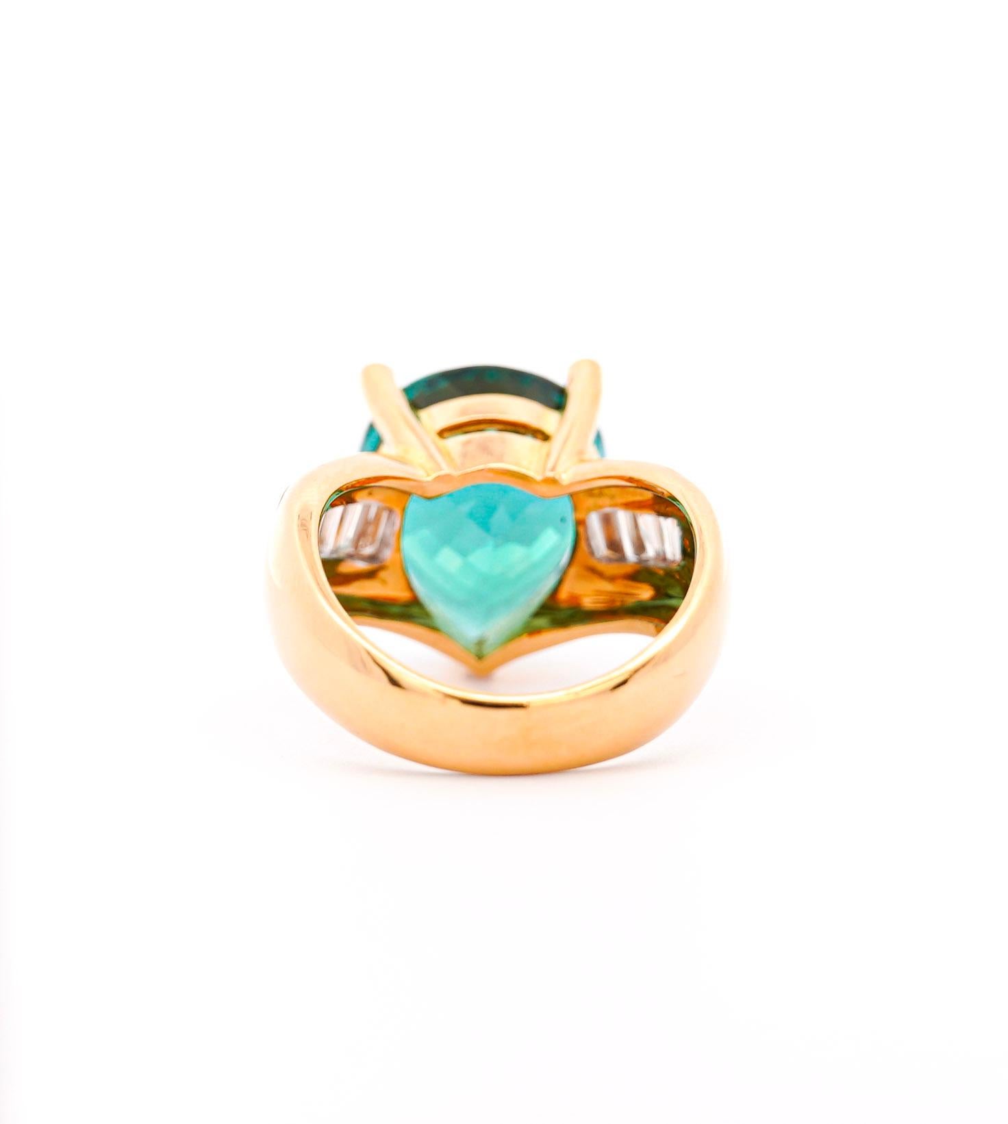 Baroque GIA Certified 11 Carat Bluish Green Pear-Cut Tourmaline & Diamond 18K Gold Ring For Sale