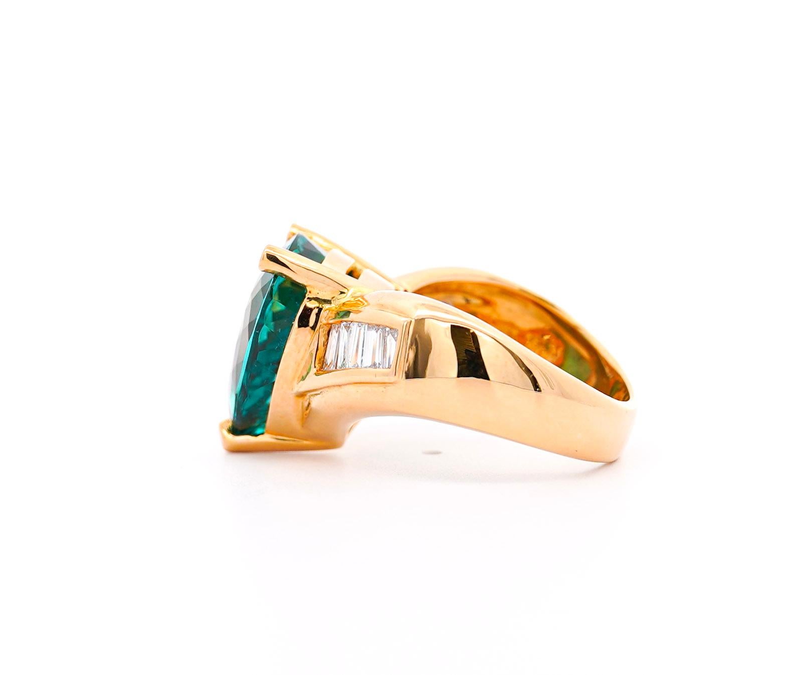 Pear Cut GIA Certified 11 Carat Bluish Green Pear-Cut Tourmaline & Diamond 18K Gold Ring For Sale