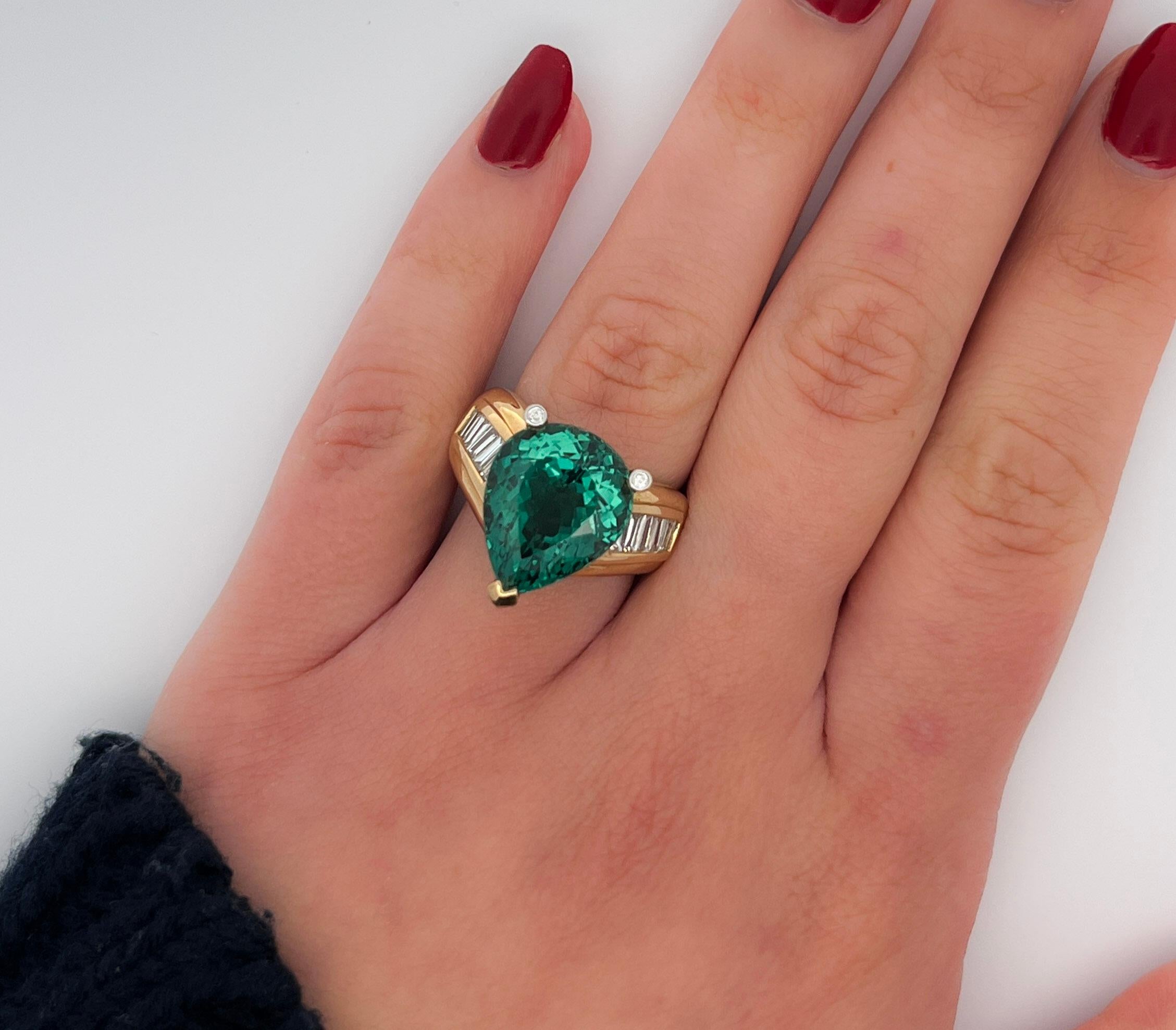 GIA Certified 11 Carat Bluish Green Pear-Cut Tourmaline & Diamond 18K Gold Ring In New Condition For Sale In Miami, FL
