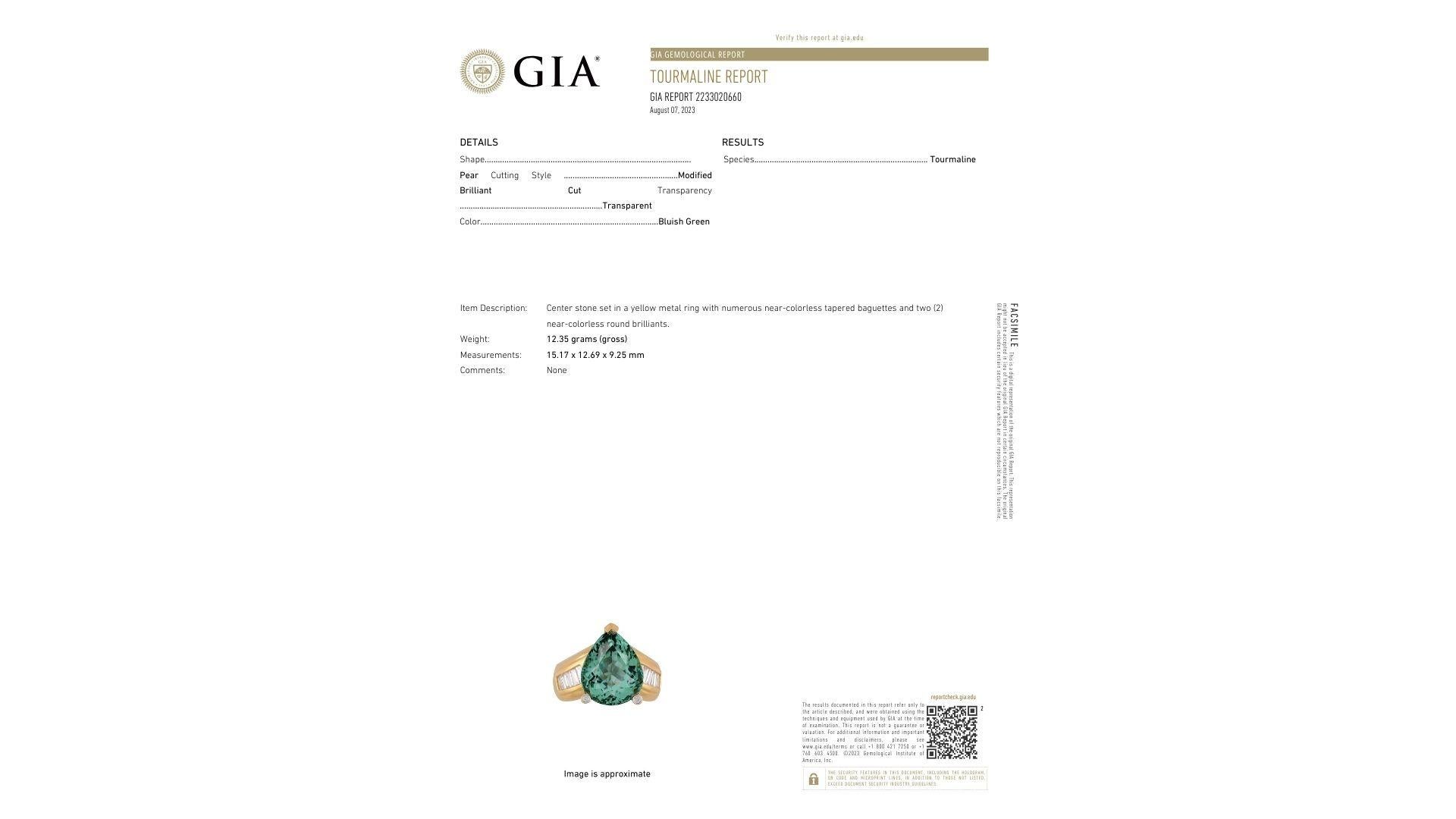 GIA Certified 11 Carat Bluish Green Pear-Cut Tourmaline & Diamond 18K Gold Ring For Sale 1