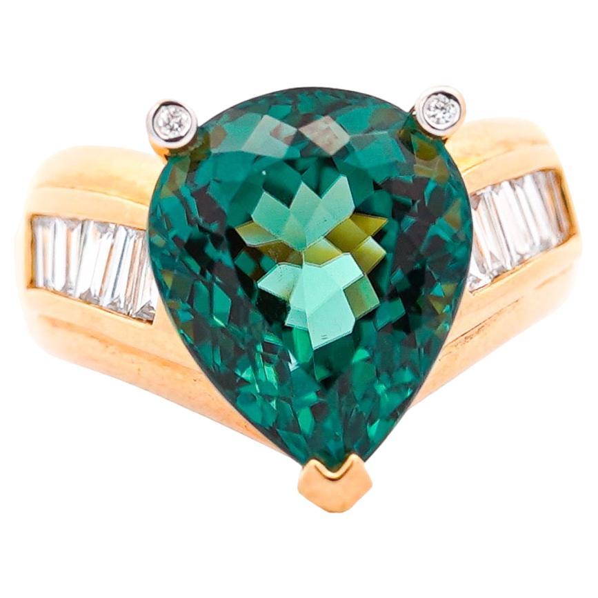 GIA Certified 11 Carat Bluish Green Pear-Cut Tourmaline & Diamond 18K Gold Ring For Sale