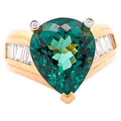 Vintage GIA Certified 11 Carat Bluish Green Pear-Cut Tourmaline & Diamond 18K Gold Ring