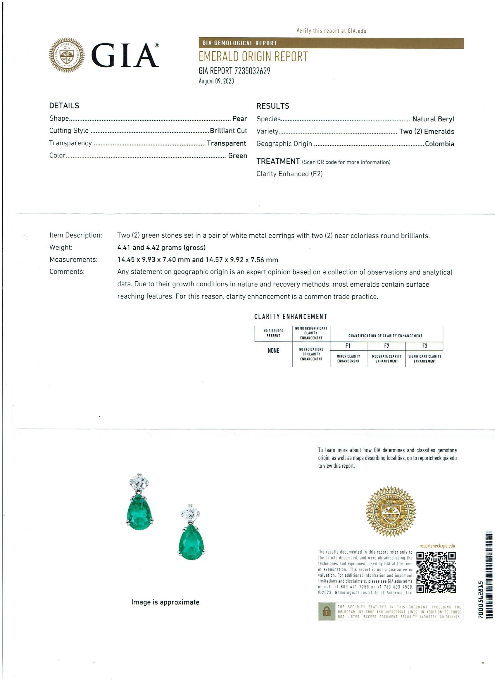 GIA Certified 11 Ct Pear Cut COLOMBIAN Emerald & 1 Ct Each Diamond Drop Earrings In Excellent Condition For Sale In New York, NY
