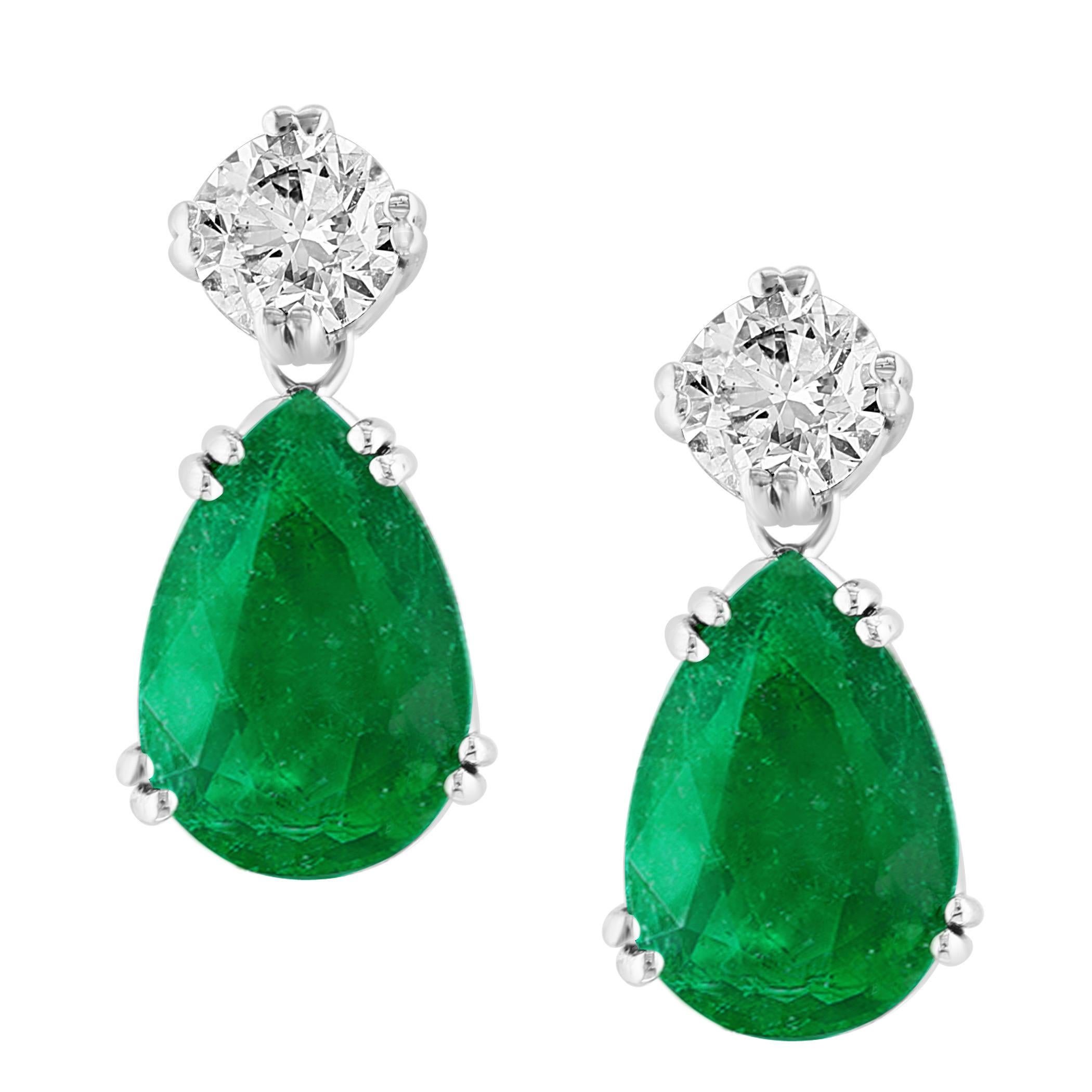 GIA Certified 11 Ct Pear Cut COLOMBIAN Emerald & 1 Ct Each Diamond Drop Earrings For Sale 7