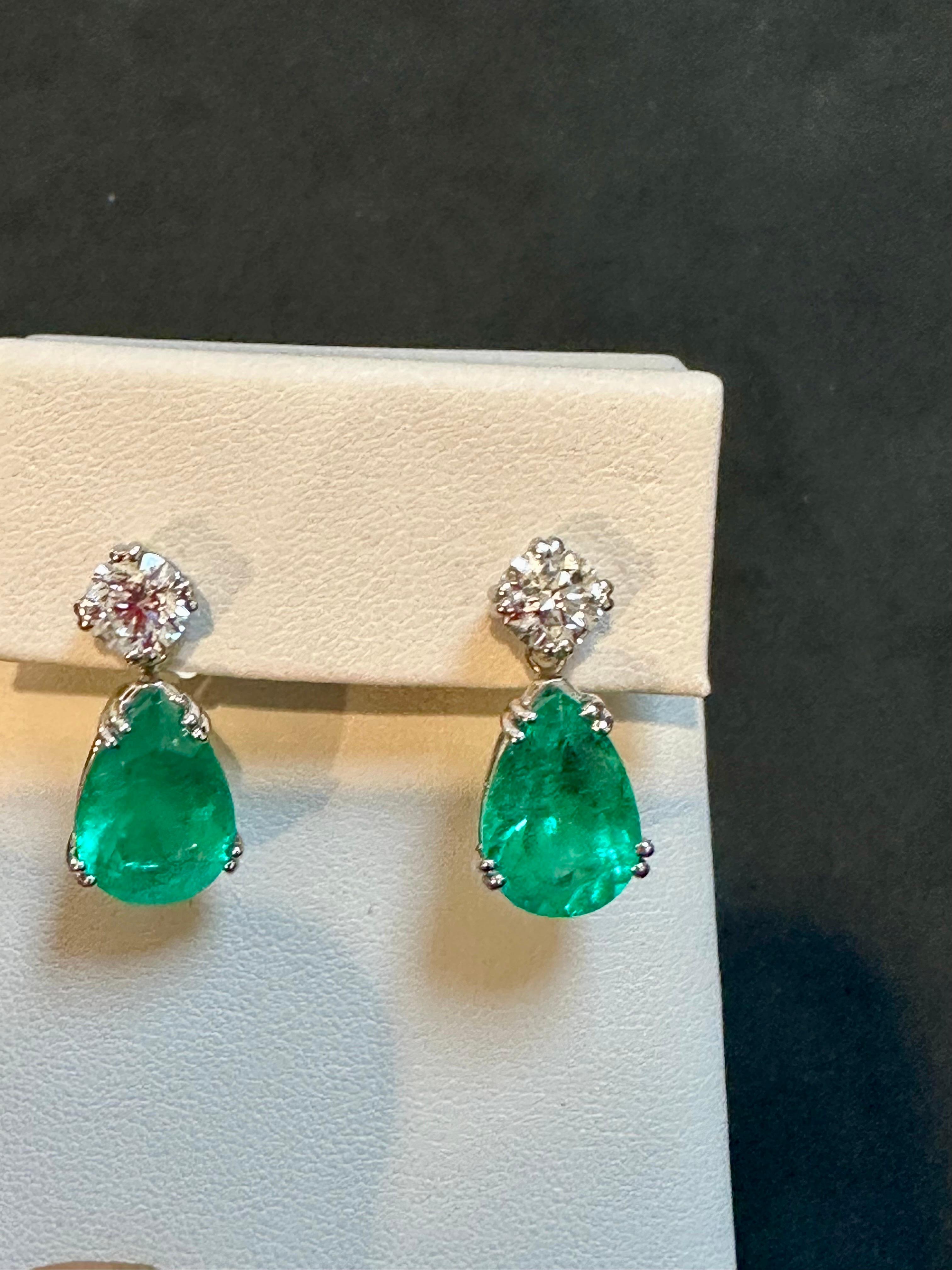 GIA Certified 11 Ct Pear Cut COLOMBIAN Emerald & 1 Ct Each Diamond Drop Earrings For Sale 2