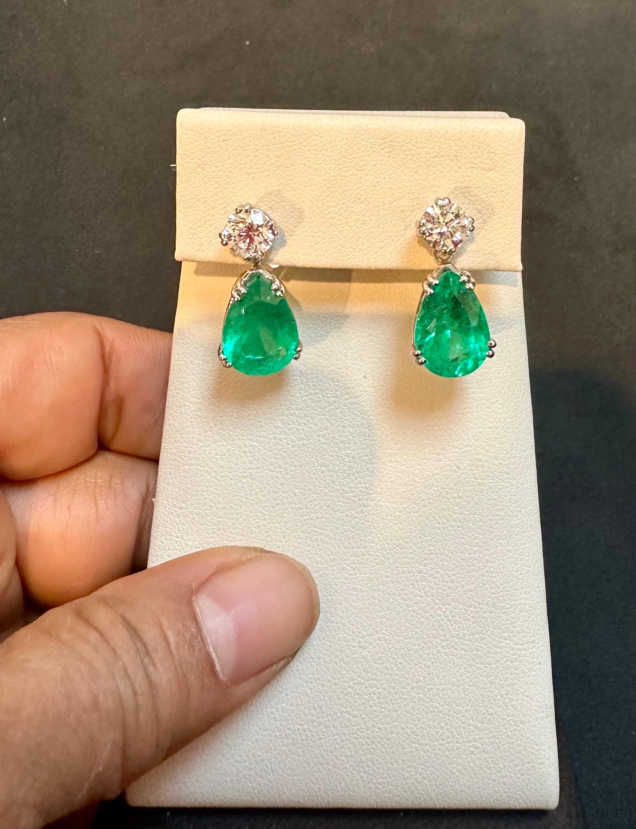 GIA Certified 11 Ct Pear Cut COLOMBIAN Emerald & 1 Ct Each Diamond Drop Earrings For Sale 3
