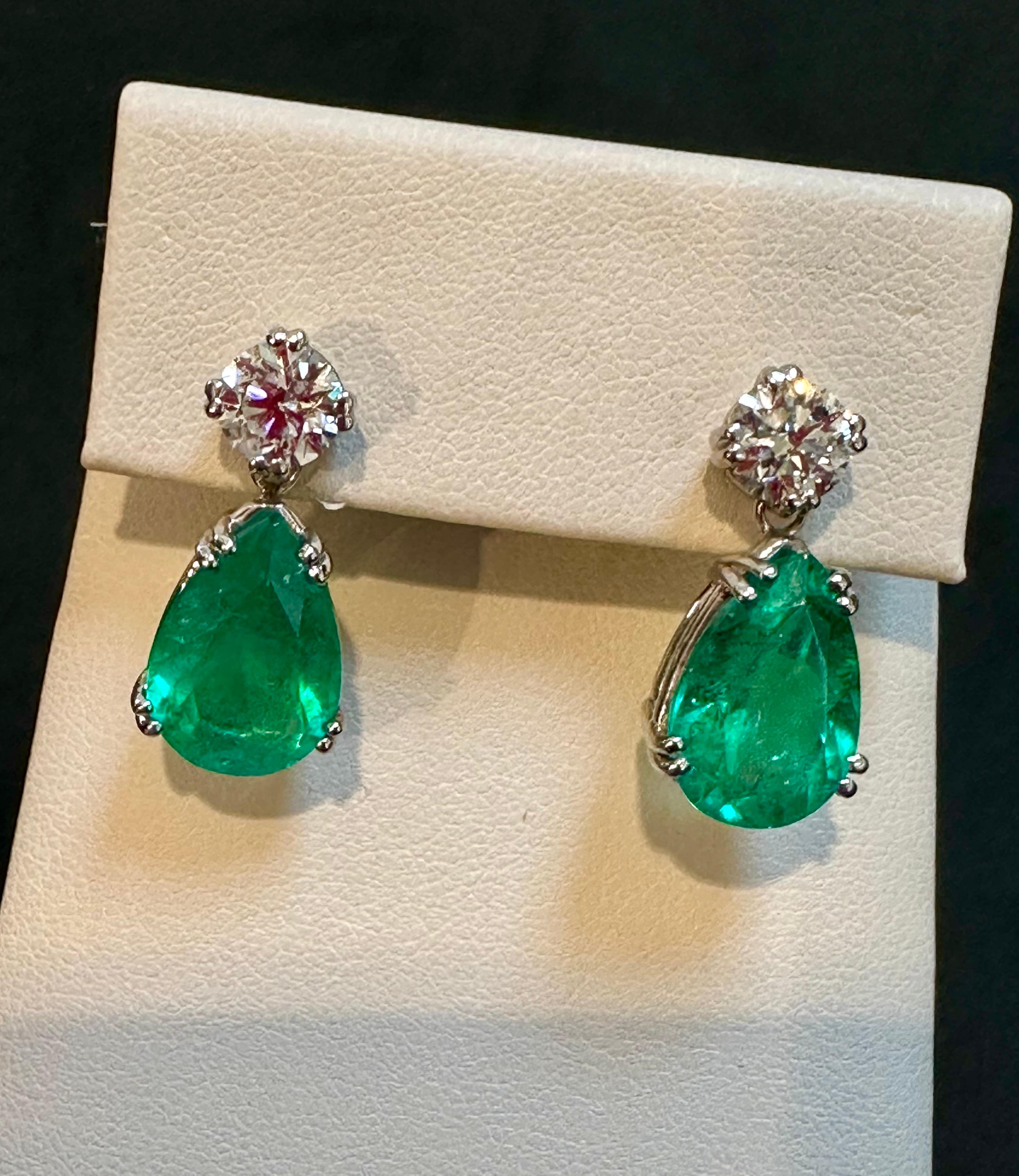 GIA Certified 11 Ct Pear Cut COLOMBIAN Emerald & 1 Ct Each Diamond Drop Earrings For Sale 4