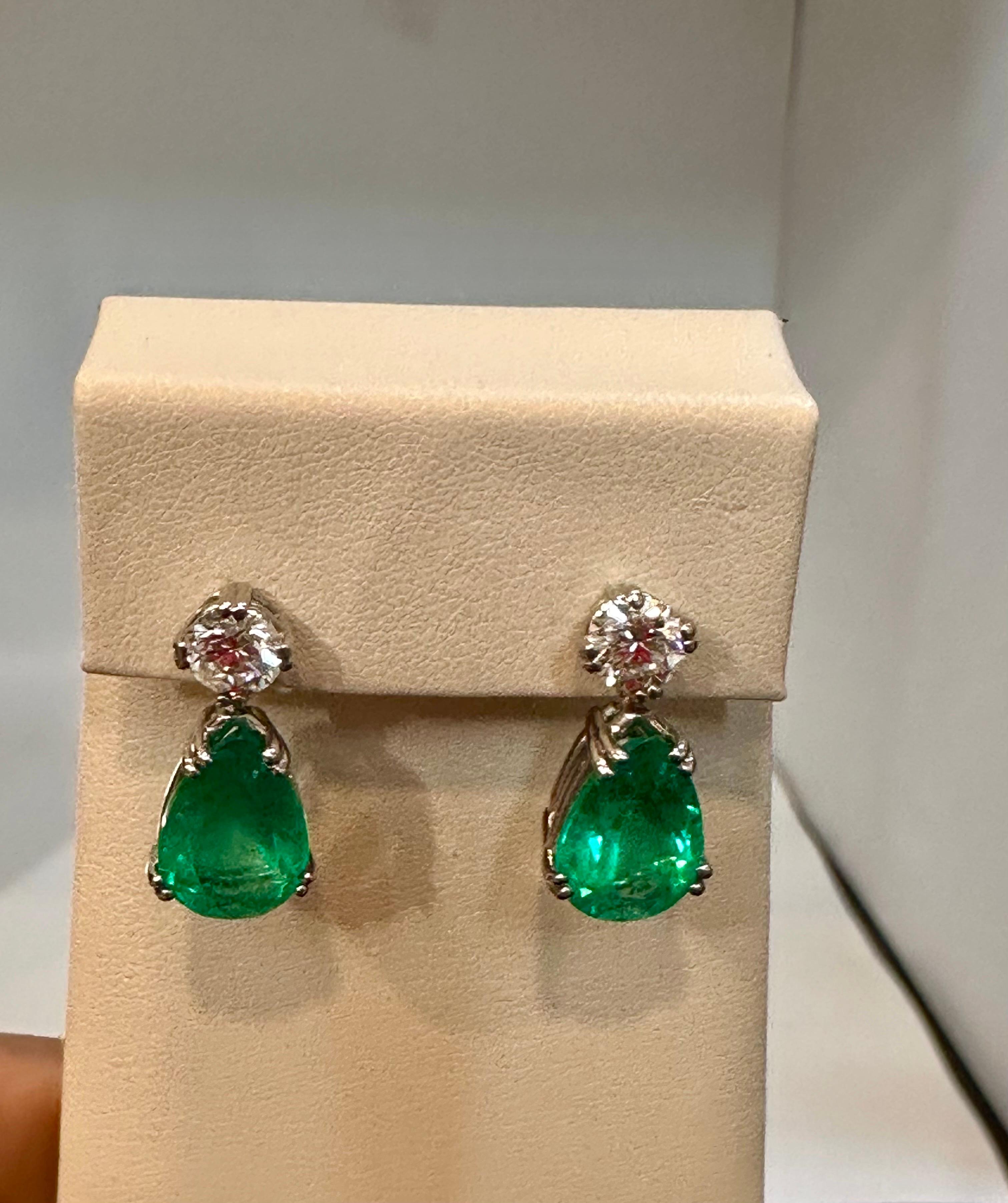 GIA Certified 11 Ct Pear Cut COLOMBIAN Emerald & 1 Ct Each Diamond Drop Earrings For Sale 5
