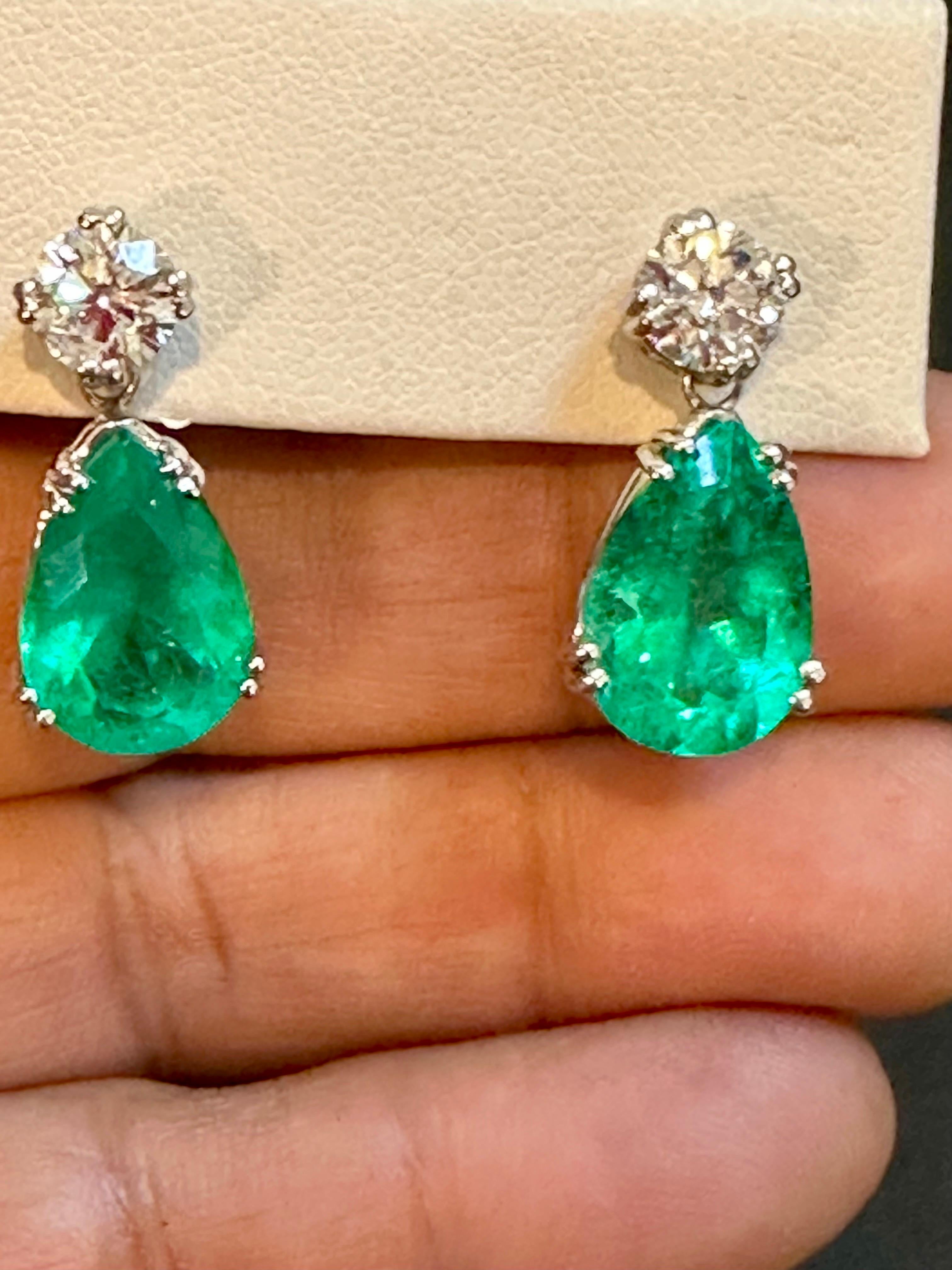 GIA Certified 11 Ct Pear Cut COLOMBIAN Emerald & 1 Ct Each Diamond Drop Earrings For Sale 6