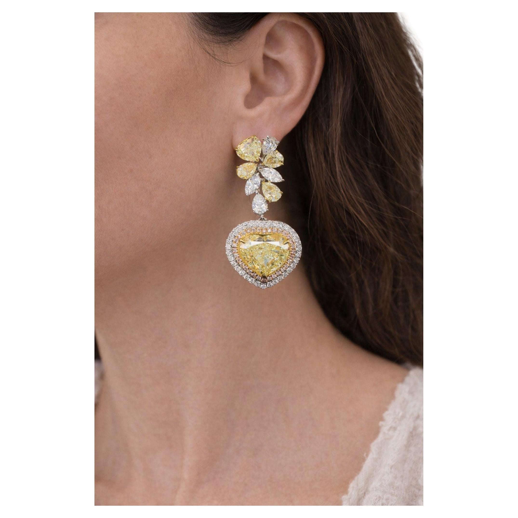 GIA Certified 11 carat Yellow Pink White Diamond Heart Earrings For Sale